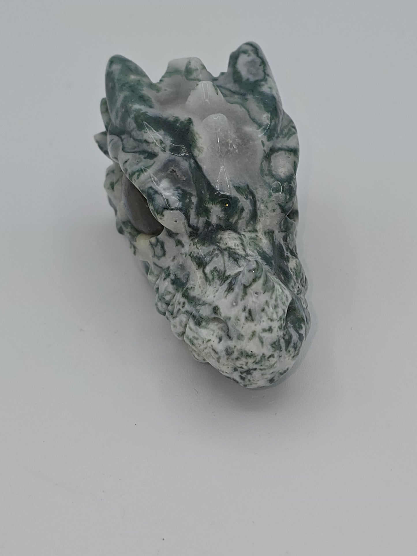 Moss Agate Dragon Skull Carving (with Labradorite Eye)