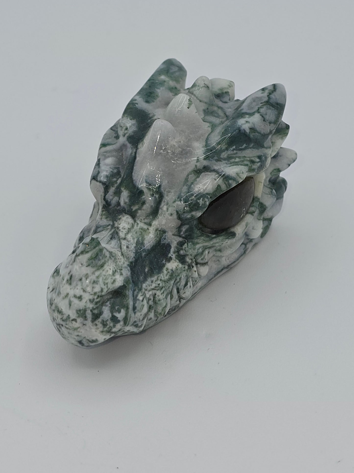 Moss Agate Dragon Skull Carving (with Labradorite Eye)