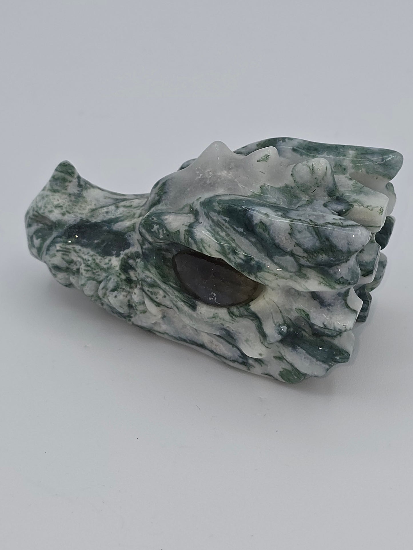 Moss Agate Dragon Skull Carving (with Labradorite Eye)