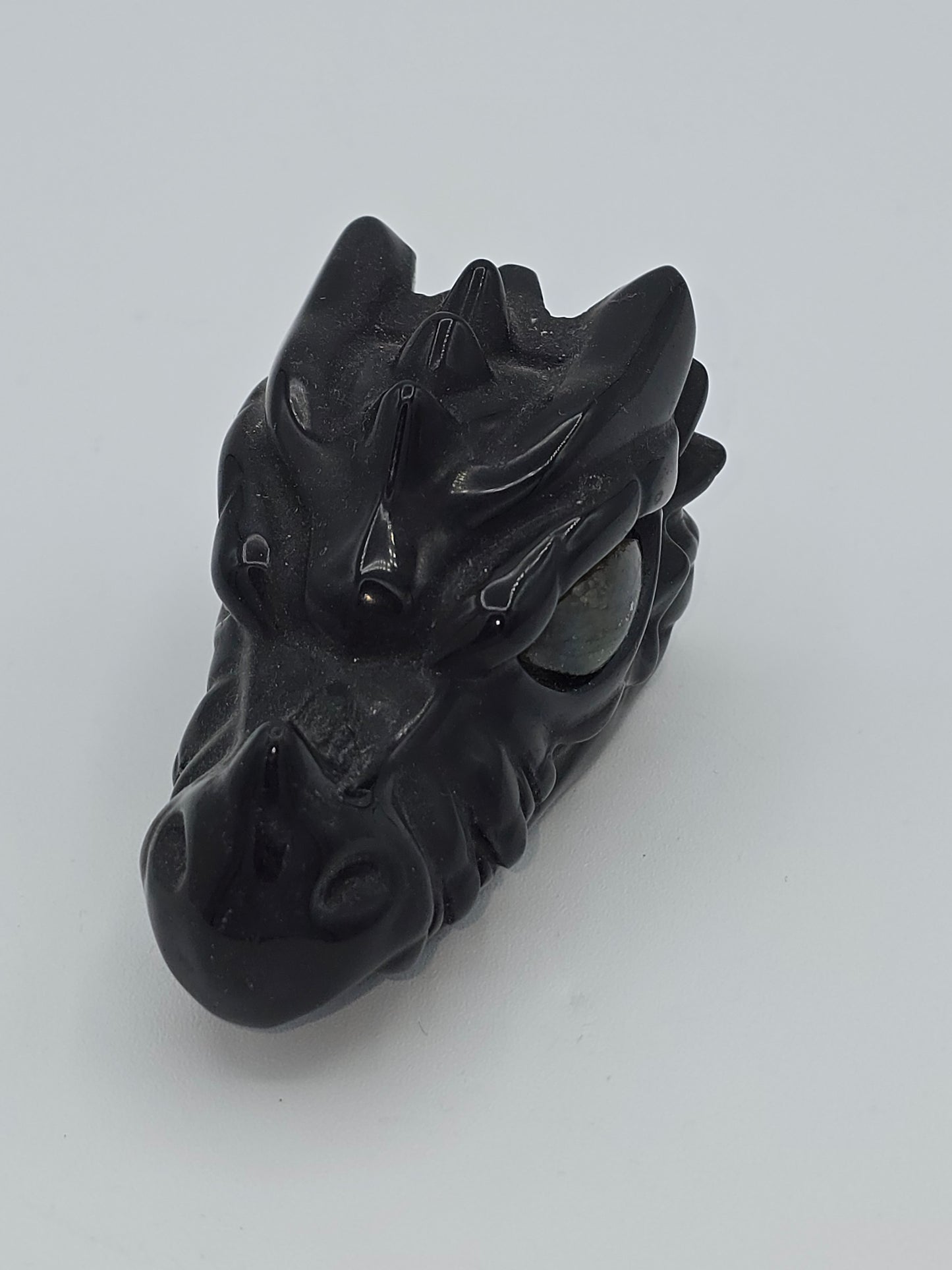 Black Obsidian Dragon Skull with Labradorite Eyes – Polished Natural Volcanic Glass