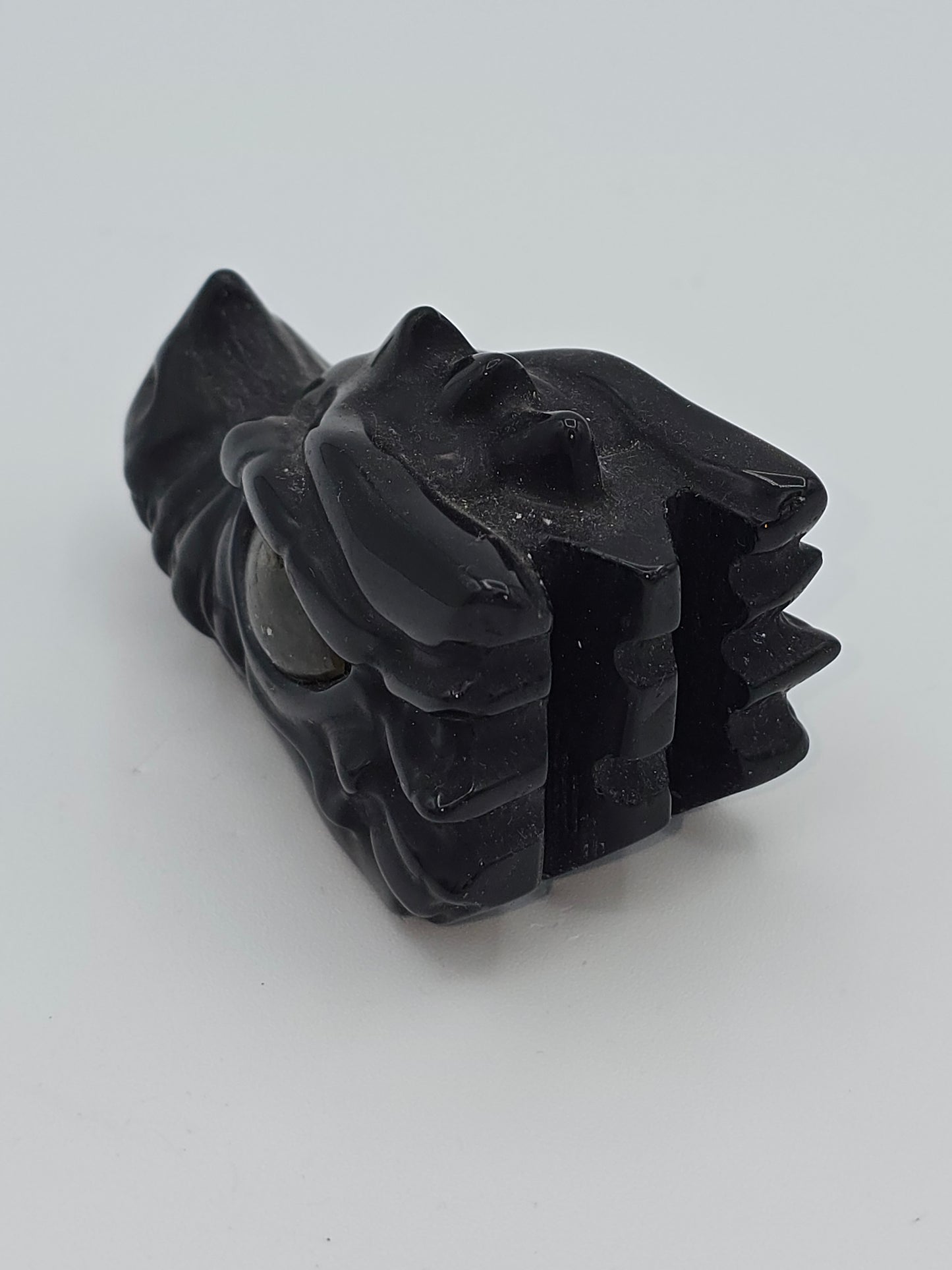 Black Obsidian Dragon Skull Carving ( with Labradorite Eyes)