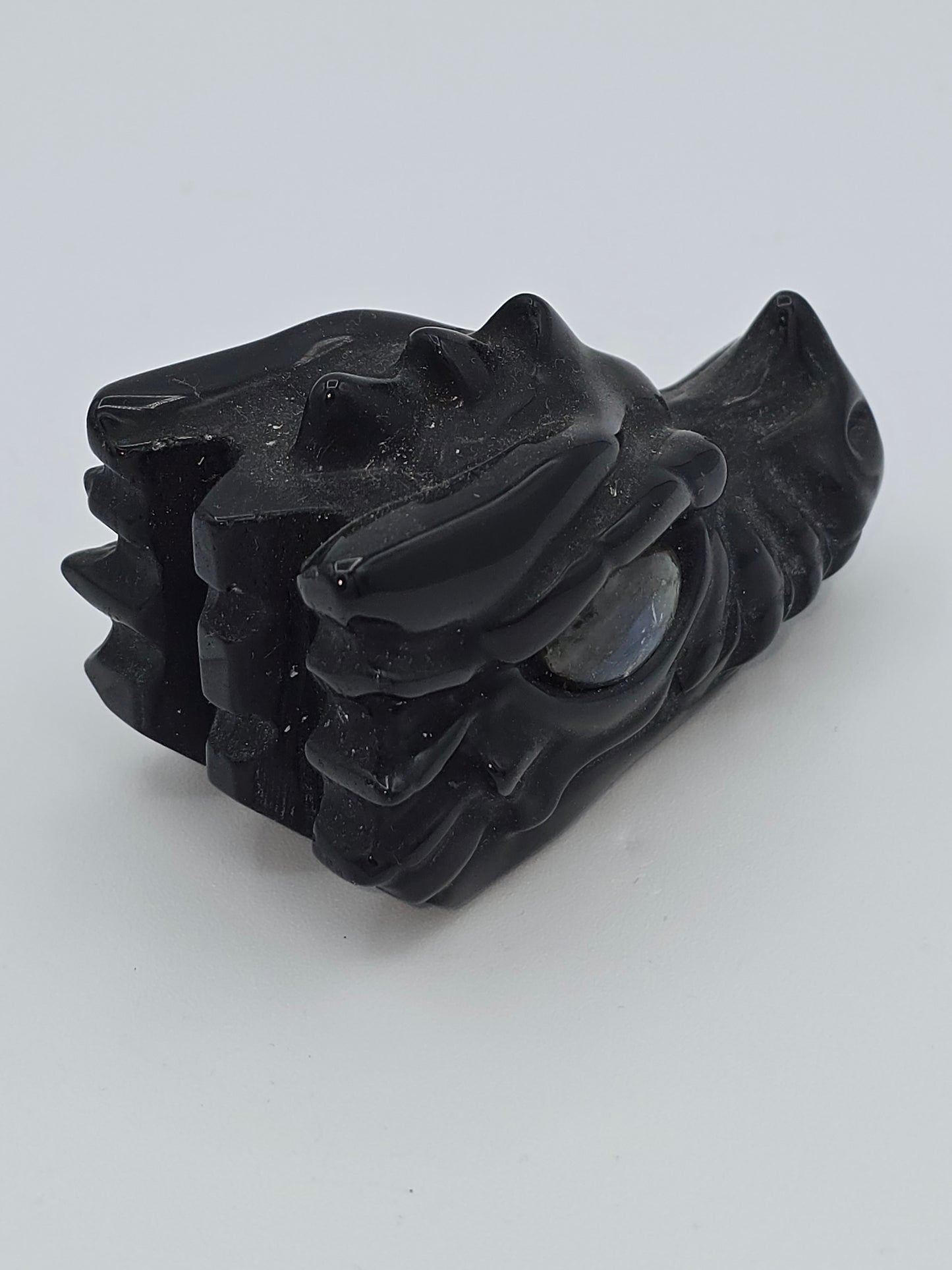 Black Obsidian Dragon Skull Carving ( with Labradorite Eyes)