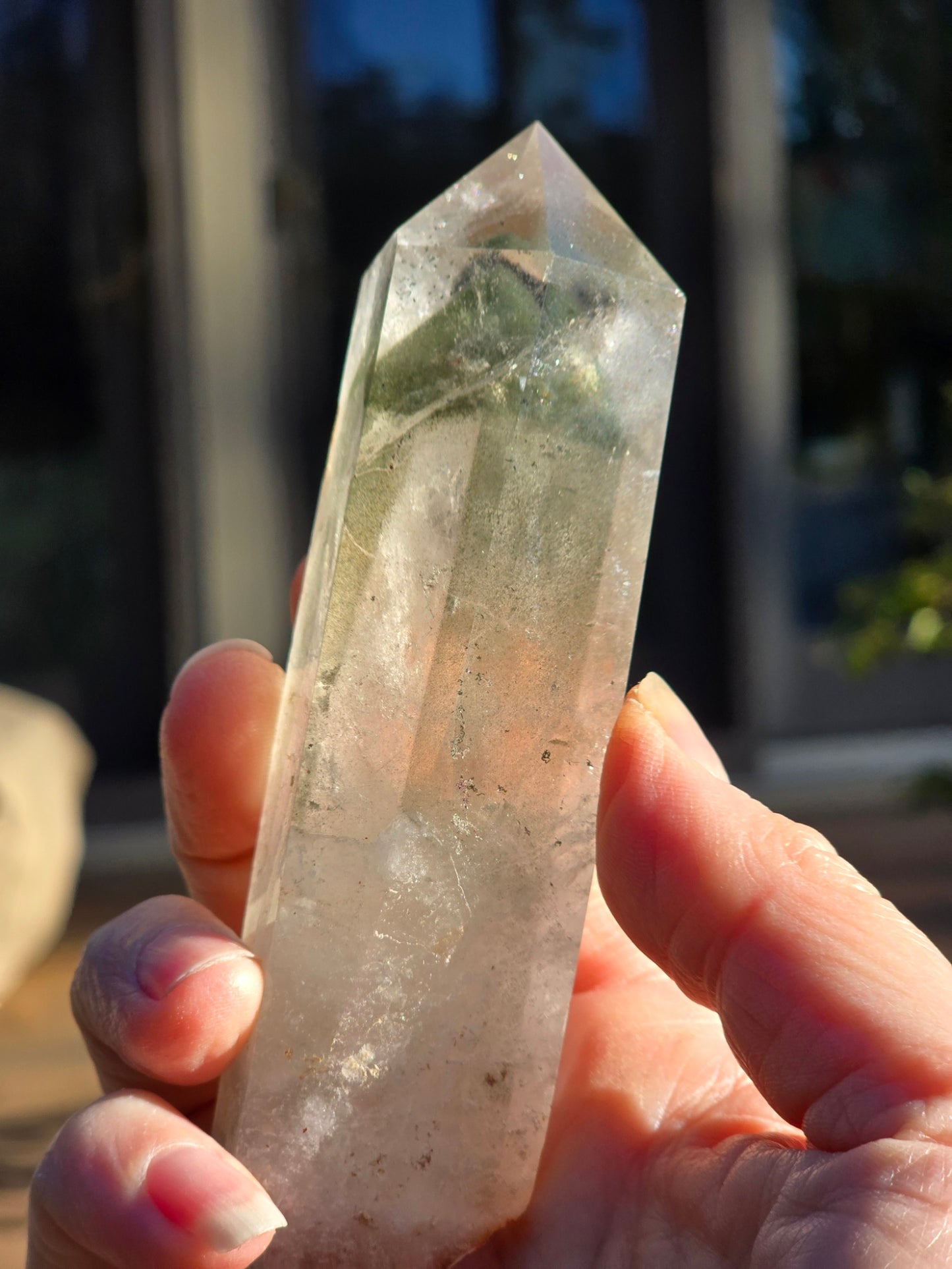 Chlorite Phantom Quartz Tower with wooden Base