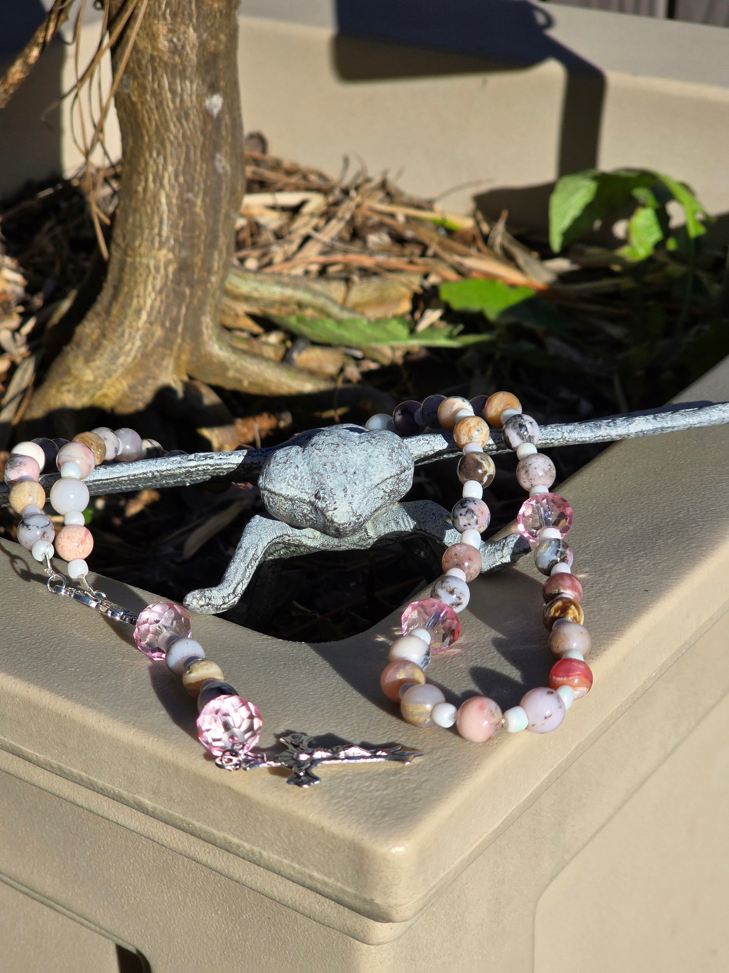 Pink Opal 8mm beads w white spacers Rosary beads