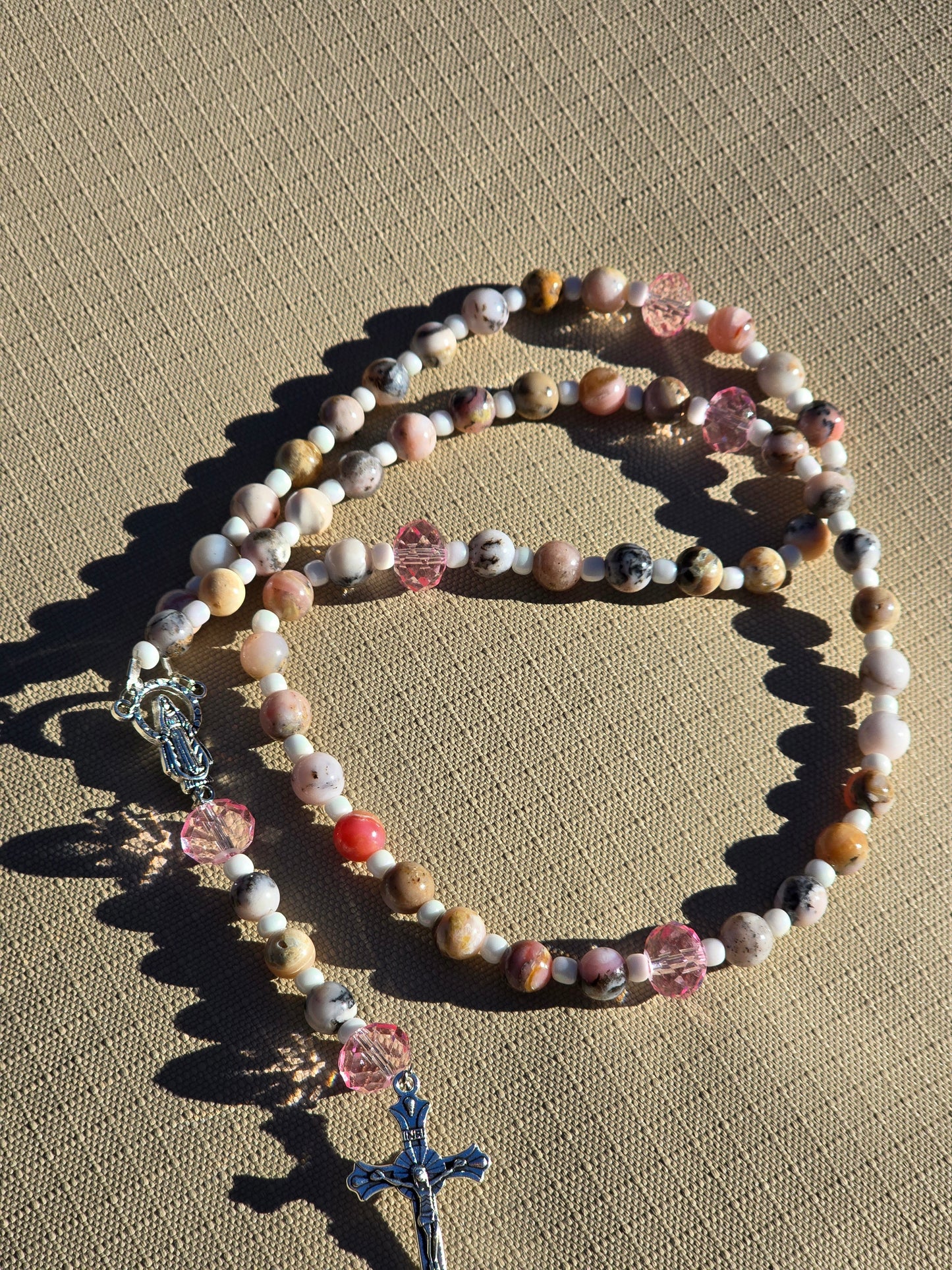 Pink Opal 8mm beads w white spacers Rosary beads