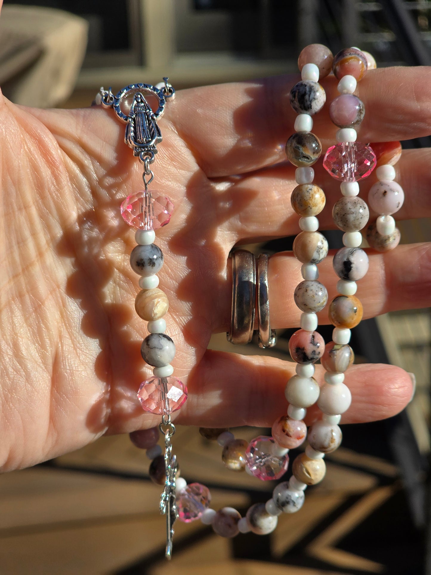 Pink Opal 8mm beads w white spacers Rosary beads