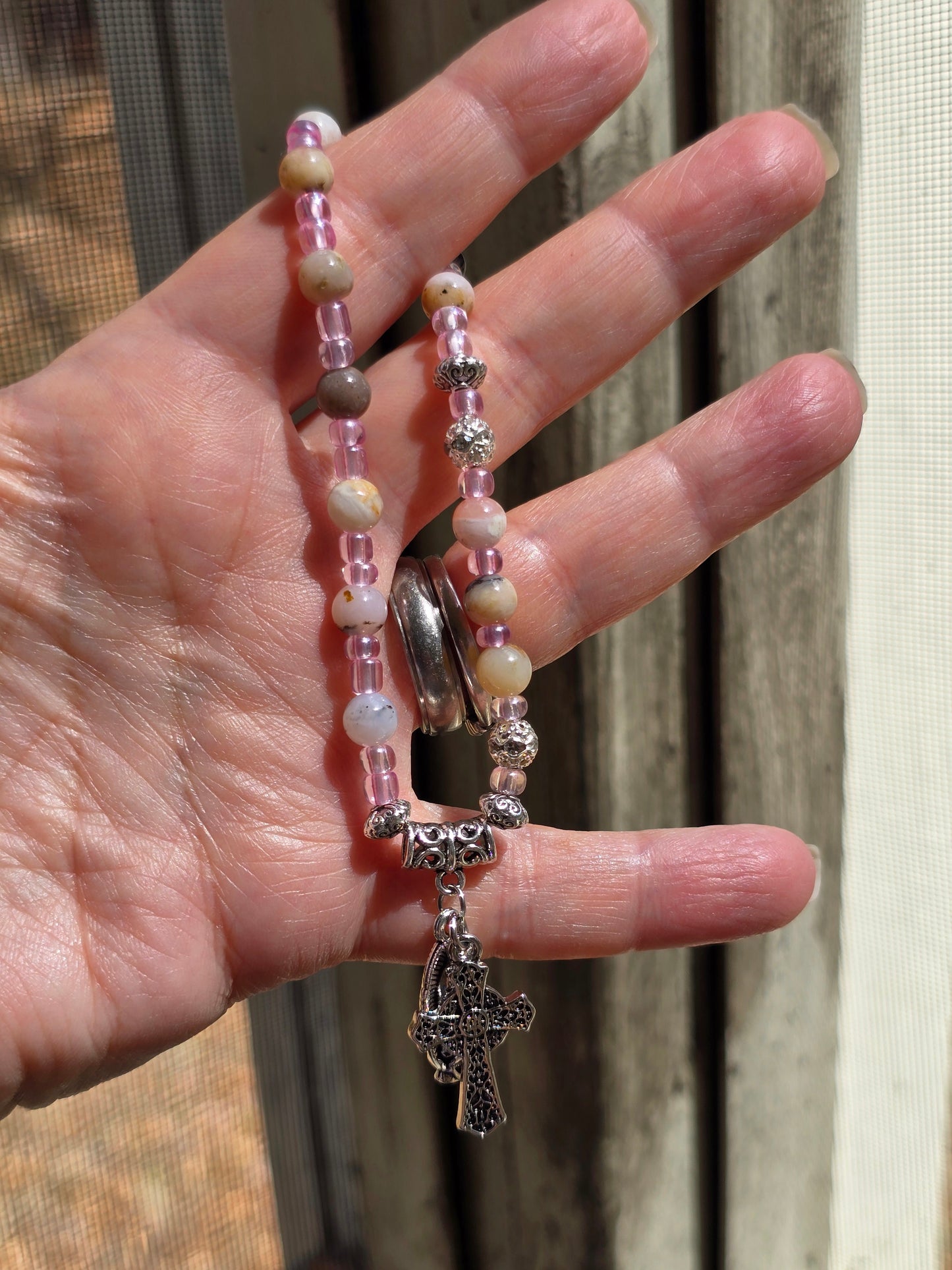 Pink Opal 8mm Beads w Pink spacers Rosary Beads
