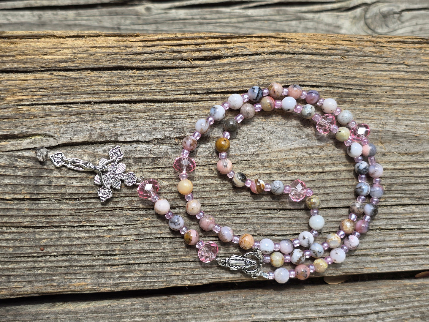 Pink Opal 8mm Beads w Pink spacers Rosary Beads