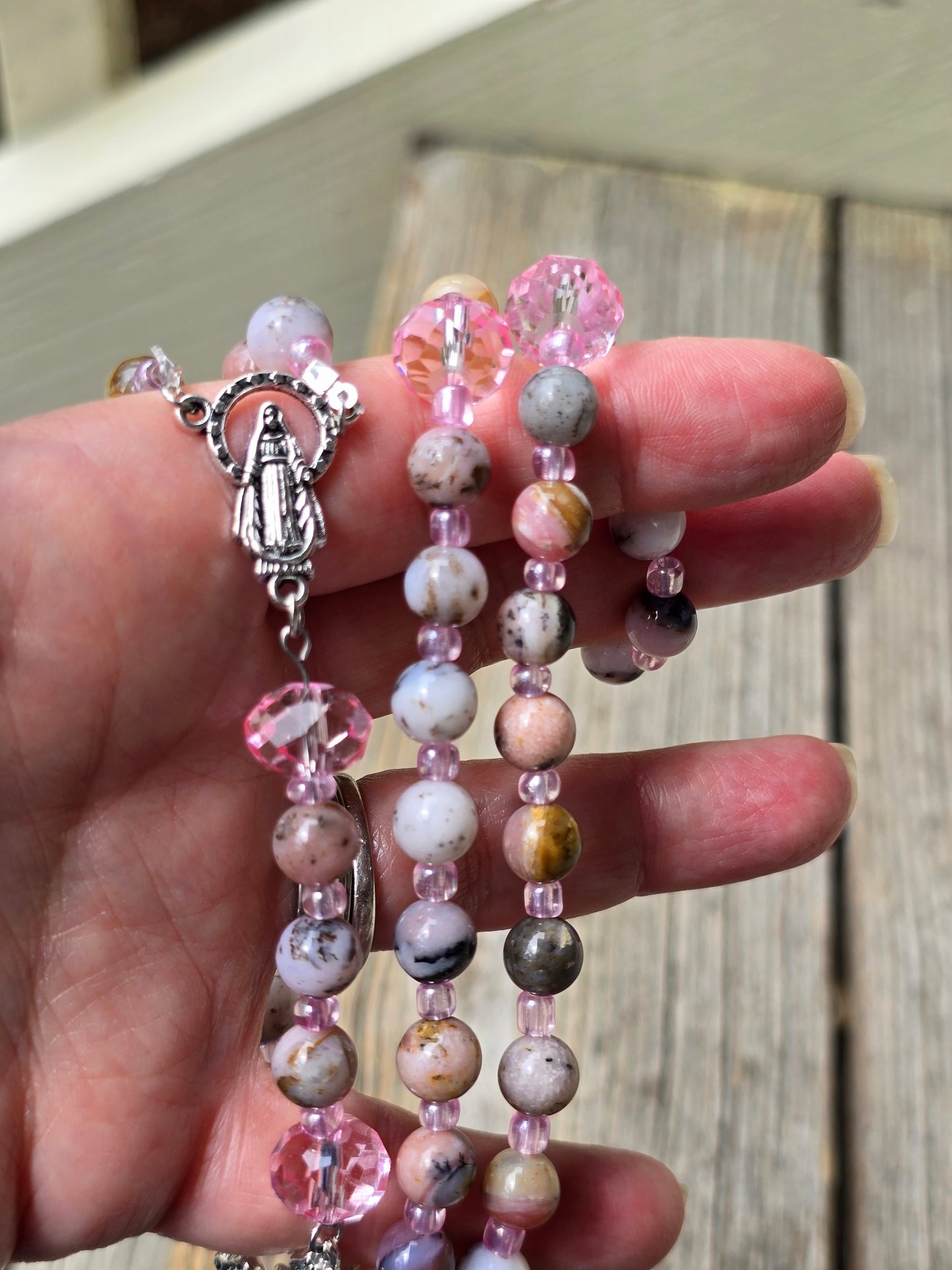 Pink Opal 8mm Beads w Pink spacers Rosary Beads