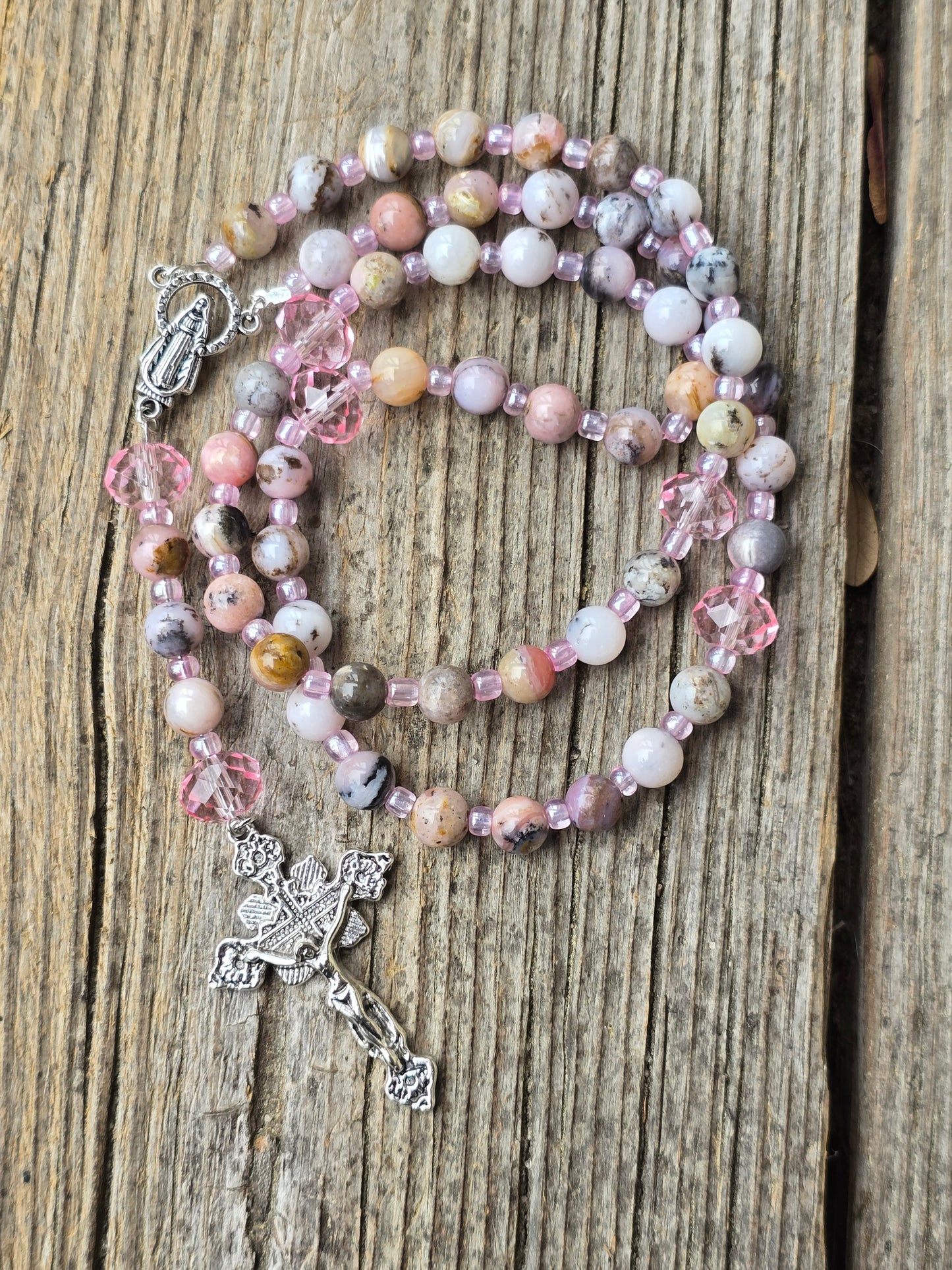 Pink Opal 8mm Beads w Pink spacers Rosary Beads