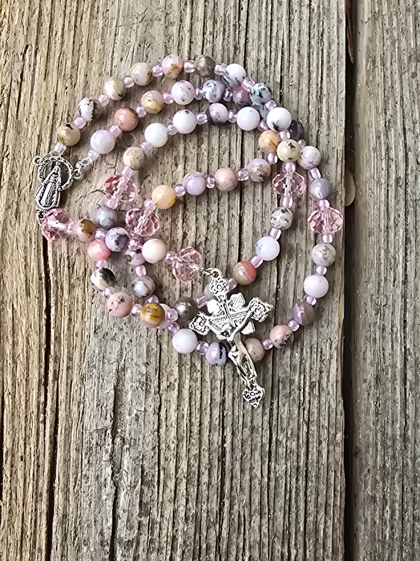Pink Opal 8mm Beads w Pink spacers Rosary Beads