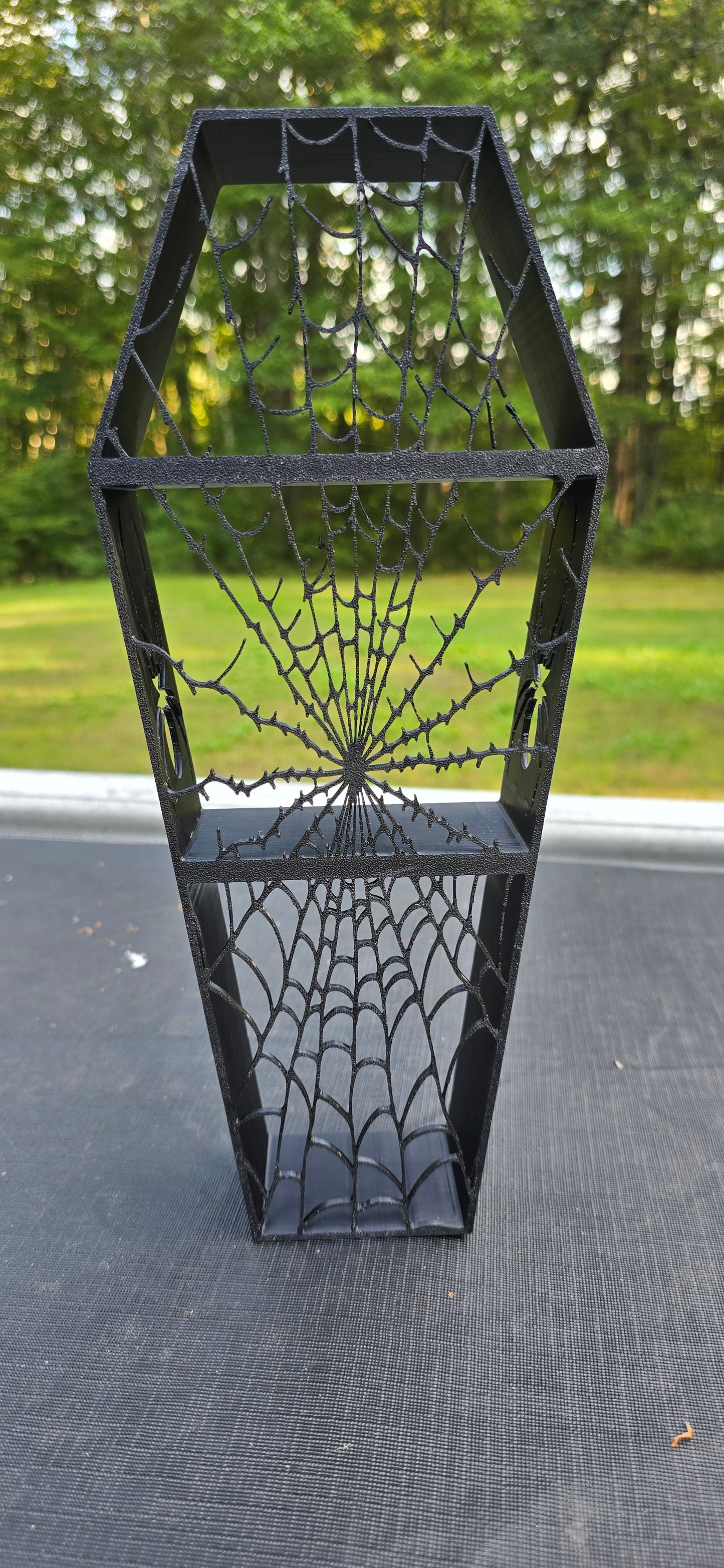 3D printed spiderweb Coffin shaped shelf.