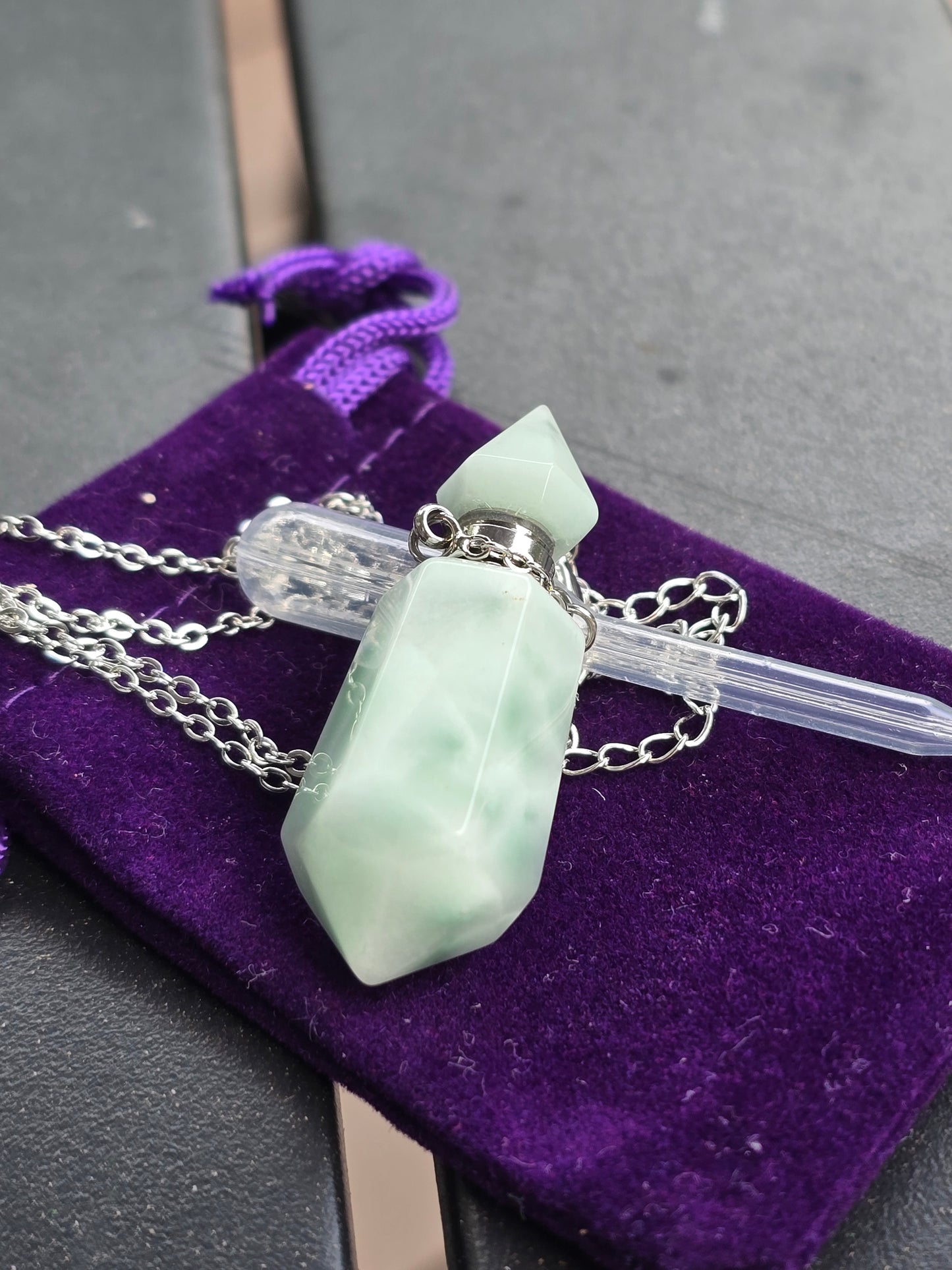 Green pectolite position bottle necklace