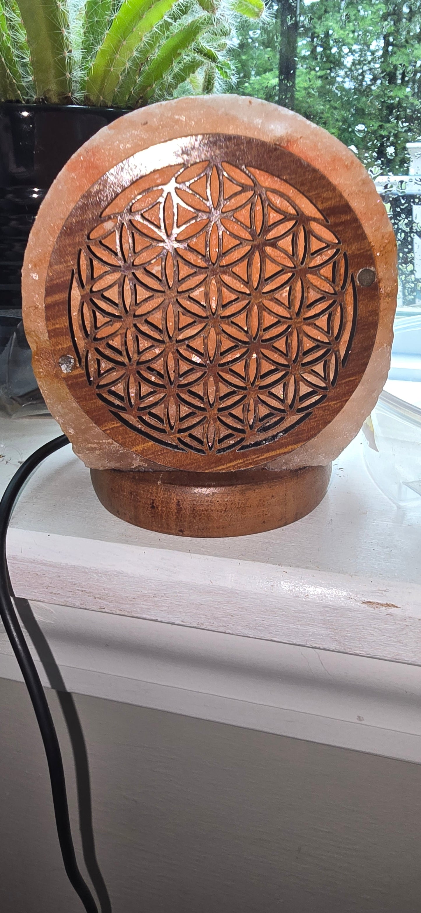 Himalayan Salt Lamp With Carved Wood Sheet Flower Of Life Design, Salt Lamp