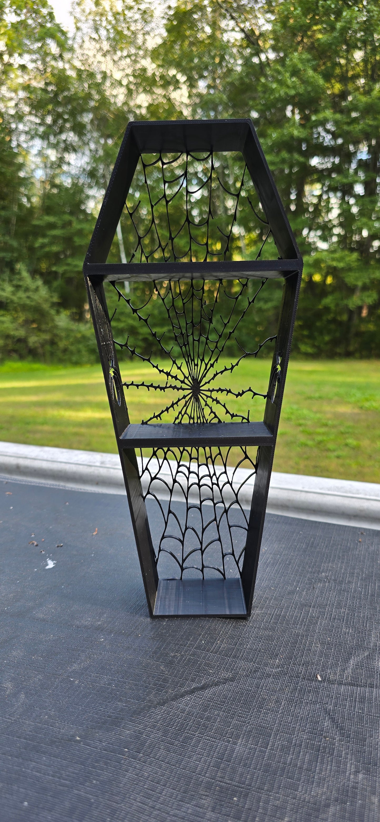 3D printed spiderweb Coffin shaped shelf.