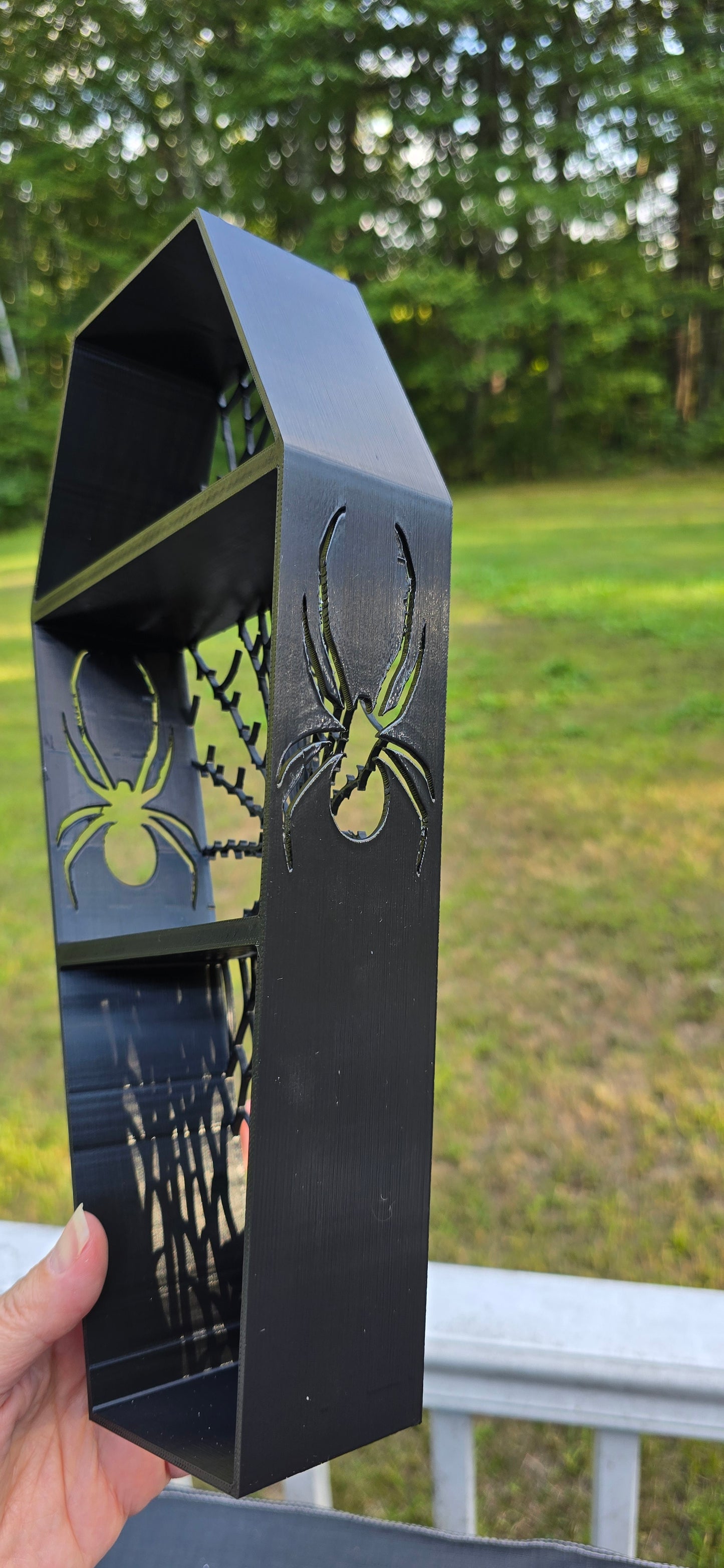 3D printed spiderweb Coffin shaped shelf.