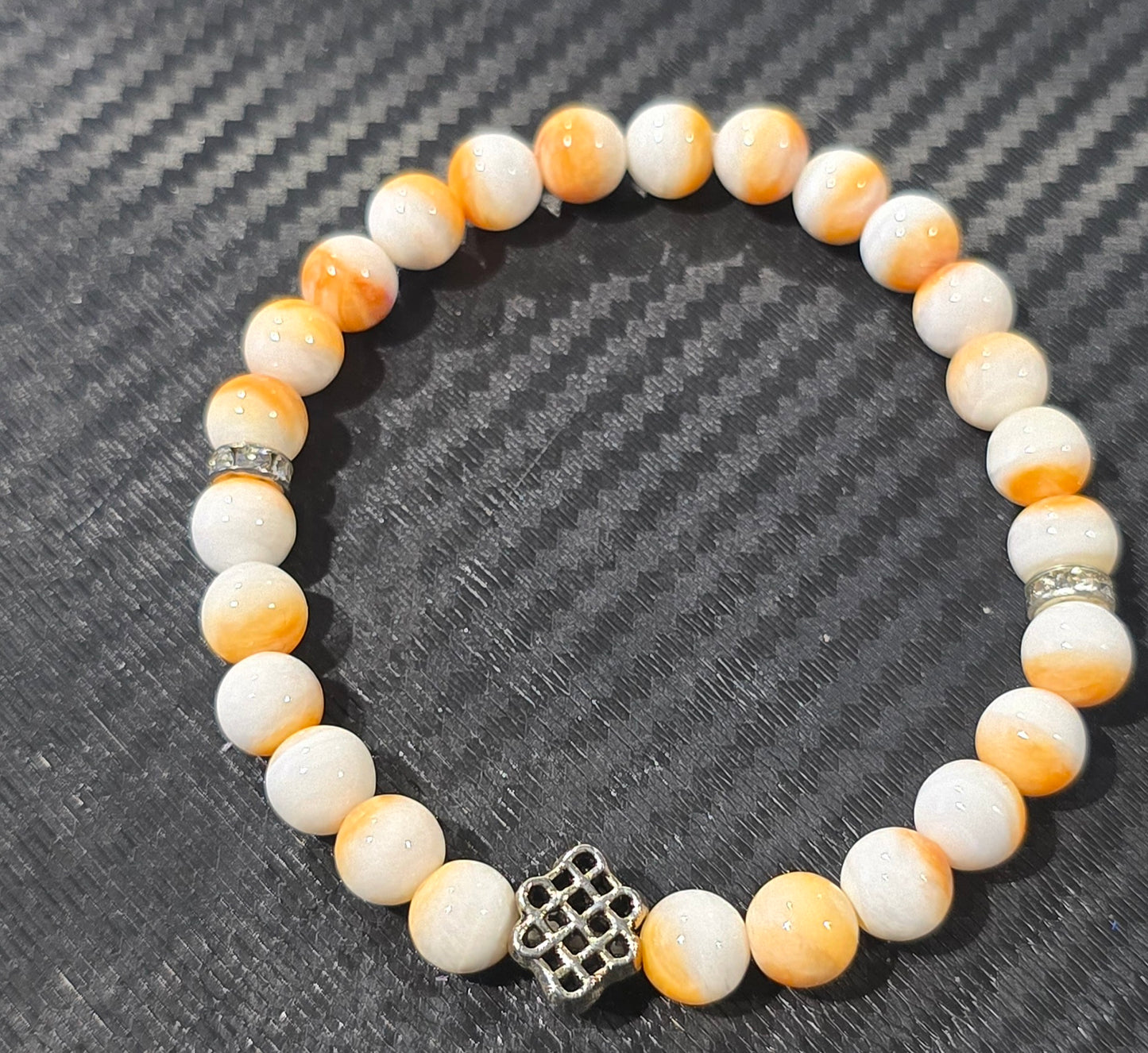 Spiny Oyster Shell 6mm Beaded Bracelet with Silver Toned Spacers – Natural Shell Jewelry