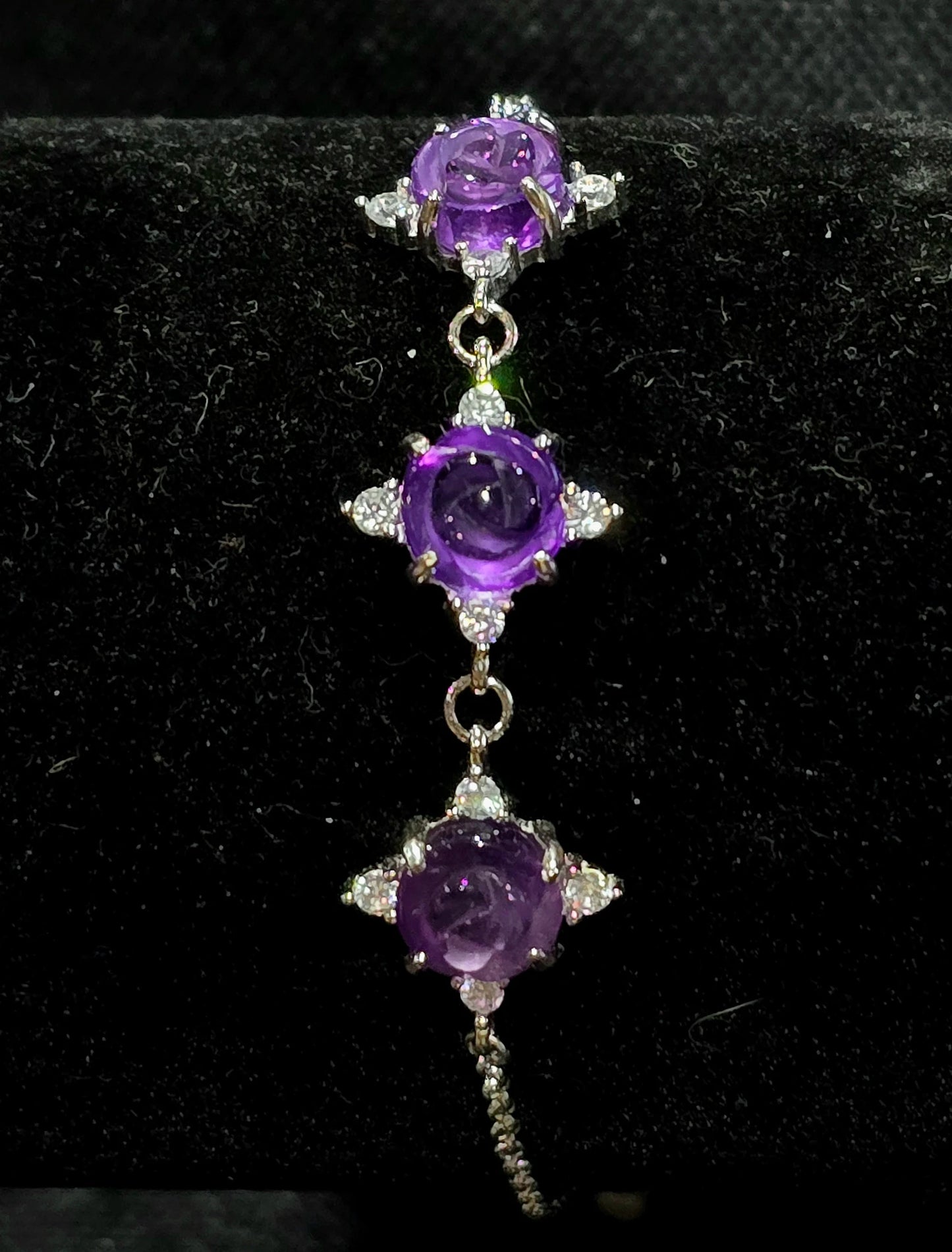 Sterling Silver Bracelet with 3 Amethyst Rose Carvings #925 carving