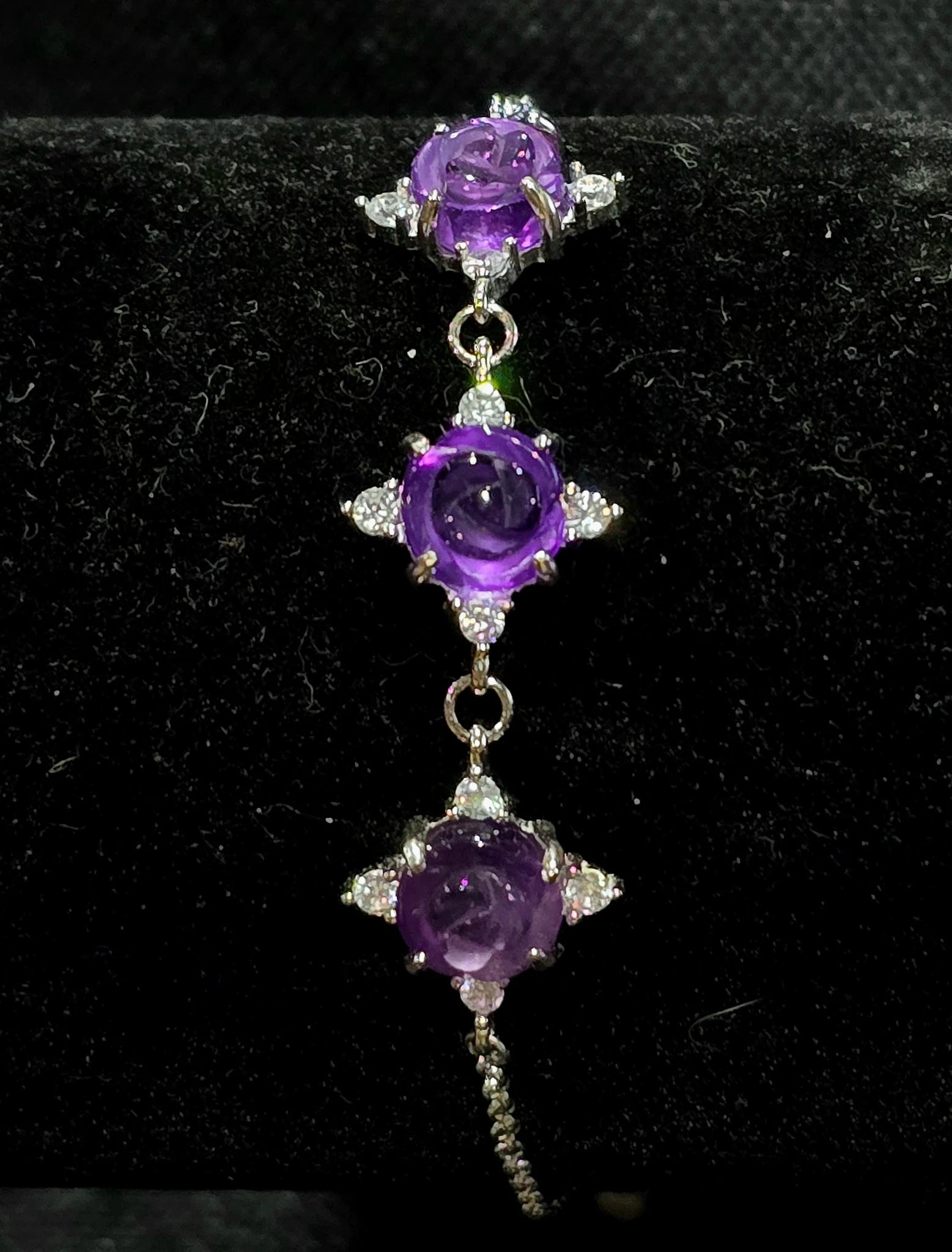 Sterling Silver Bracelet with 3 Amethyst Rose Carvings #925 carving