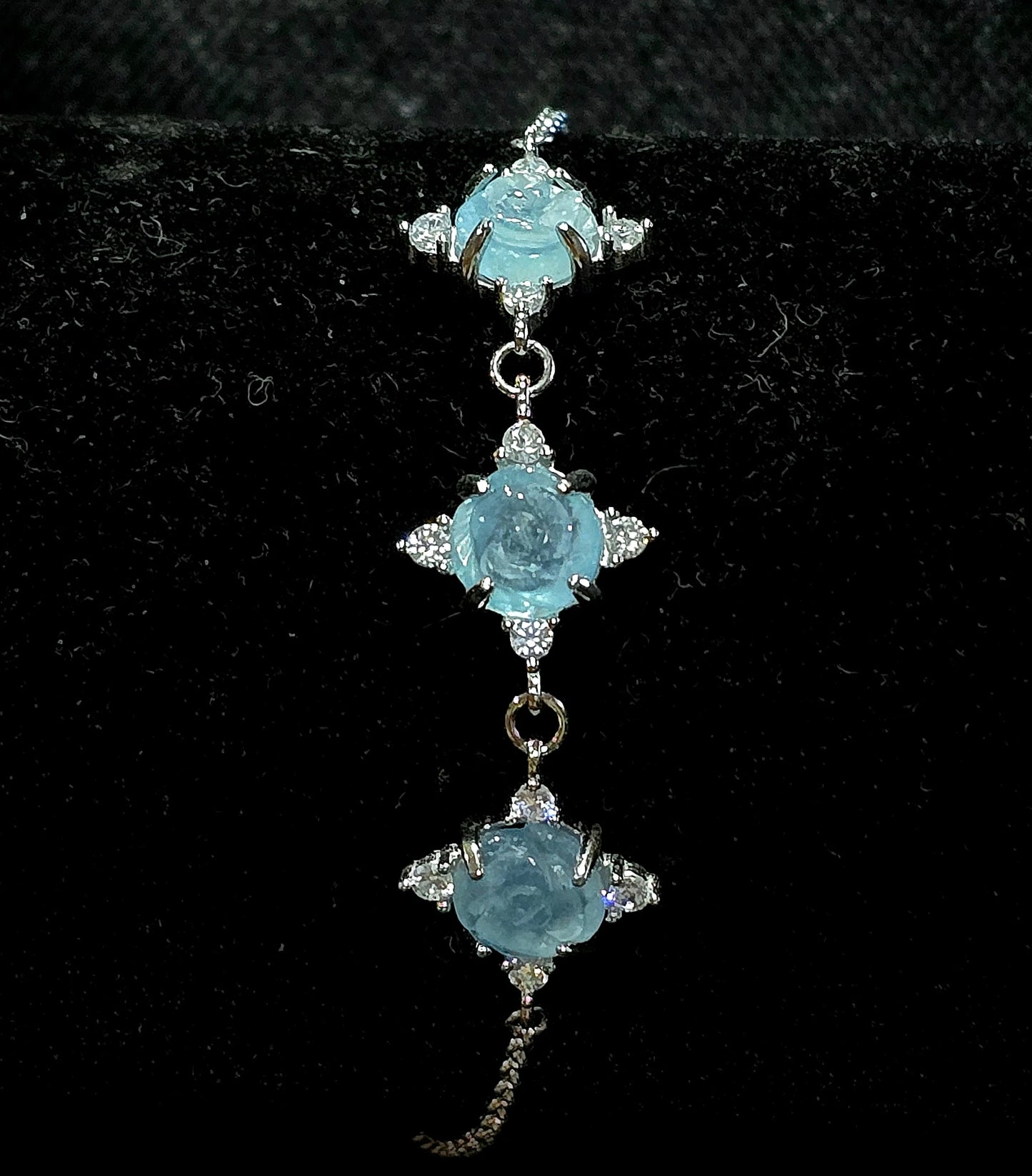 Sterling Silver Bracelet with 3 Aquamarine Rose Carvings #925 carving