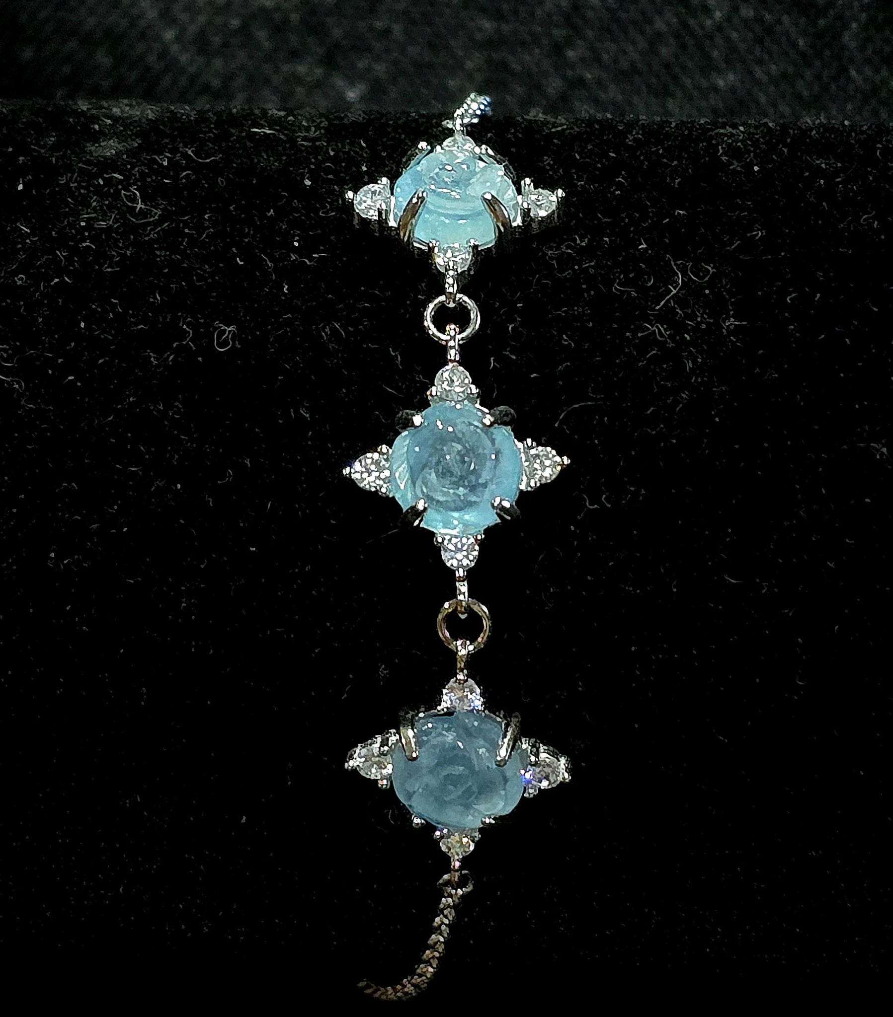 Sterling Silver Bracelet with 3 Aquamarine Rose Carvings #925 carving