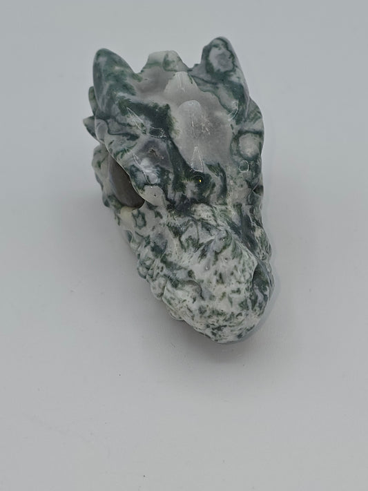 Moss Agate Dragon Skull  Carving (with Labradorite Eye)