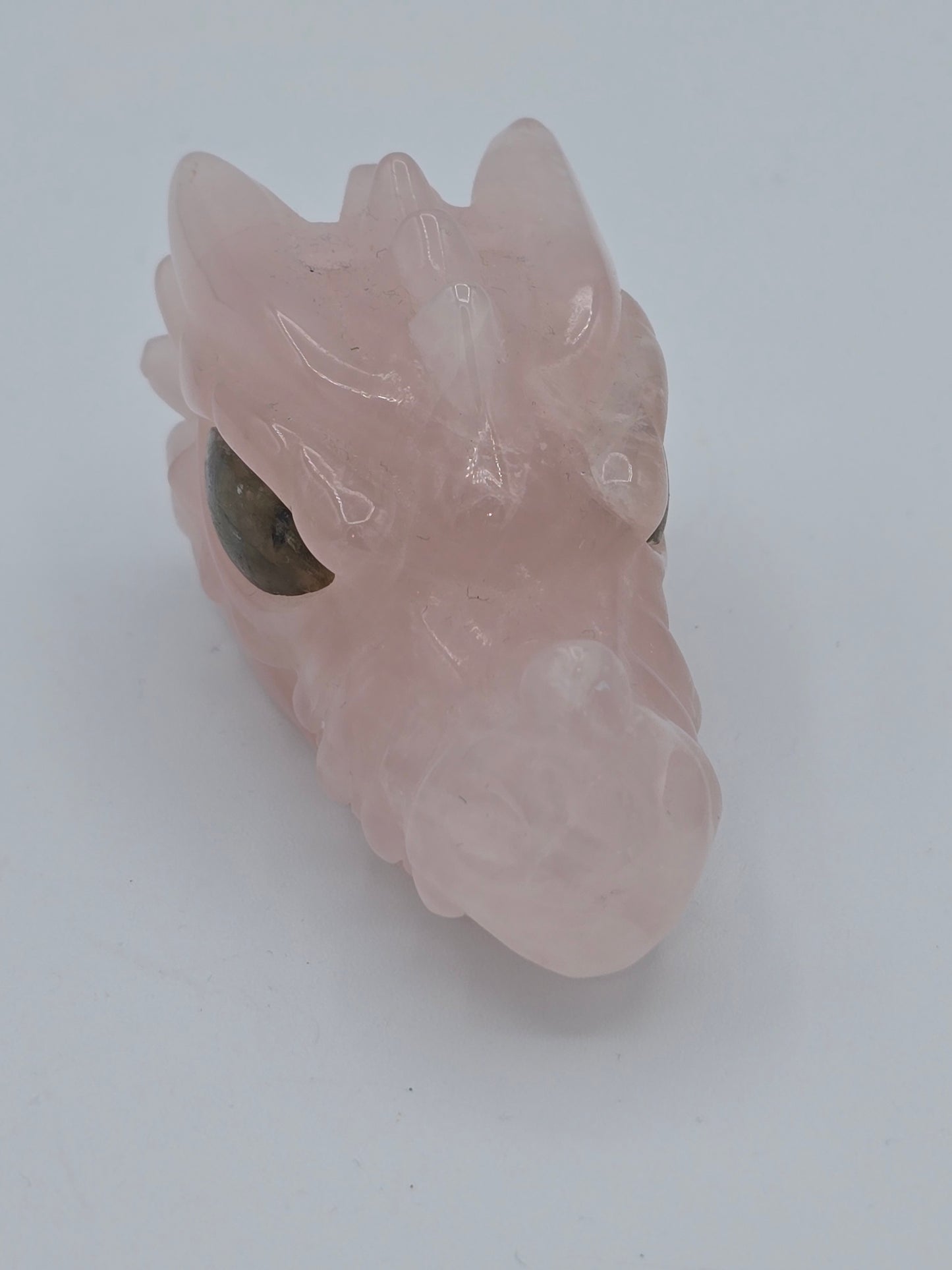 Rose Quartz Dragon Skull Carving ( with Labradorite Eyes)