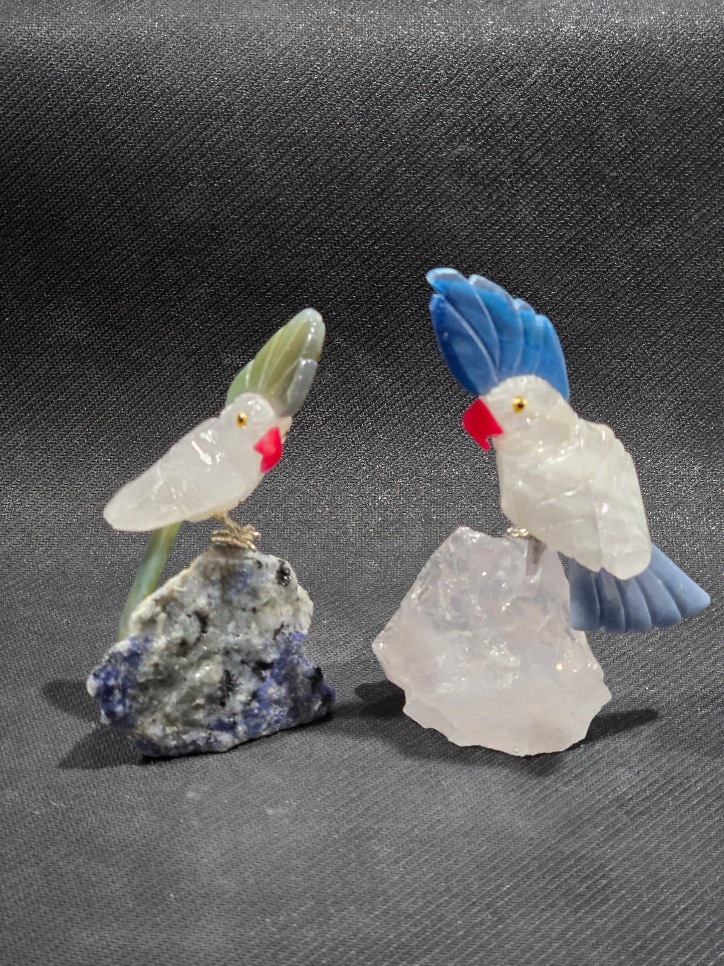 Hand Carved Rose Quartz Parrots on raw stones