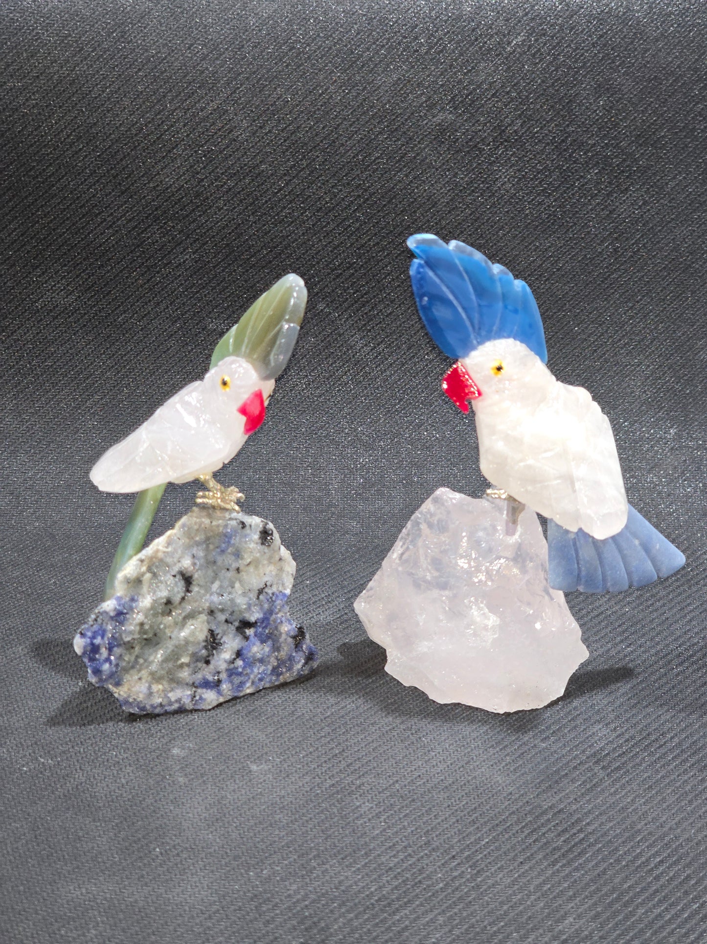 Hand Carved Rose Quartz Parrots on raw stones