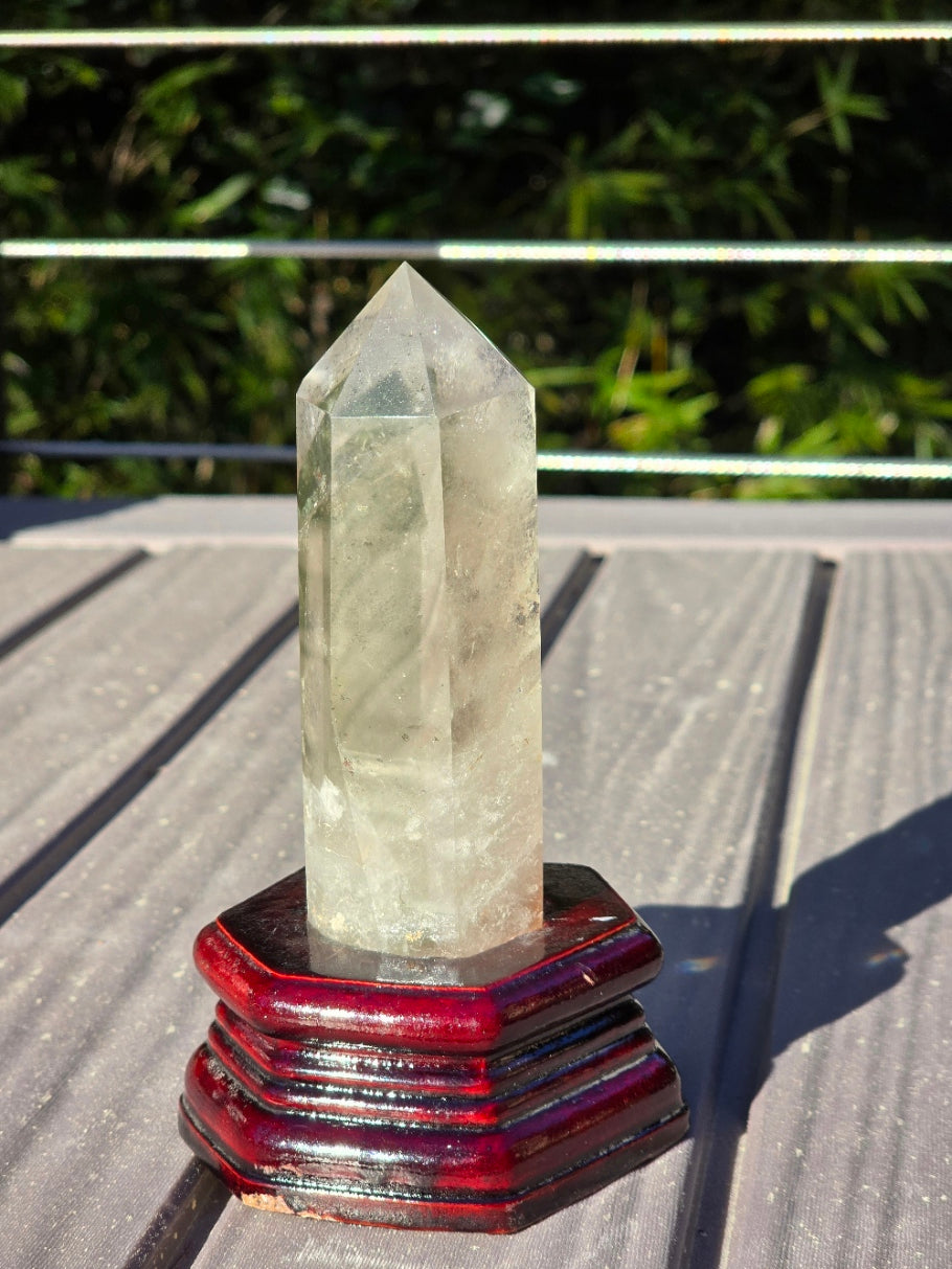 Chlorite Phantom Quartz Tower with wooden Base