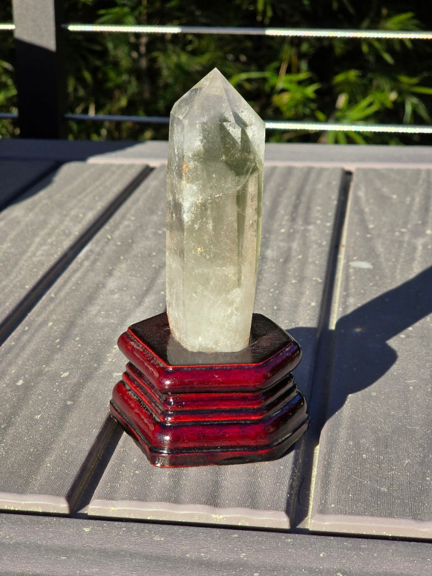 Chlorite Phantom Quartz Tower with wooden Base