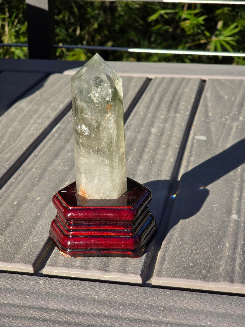 Chlorite Phantom Quartz Tower with wooden Base