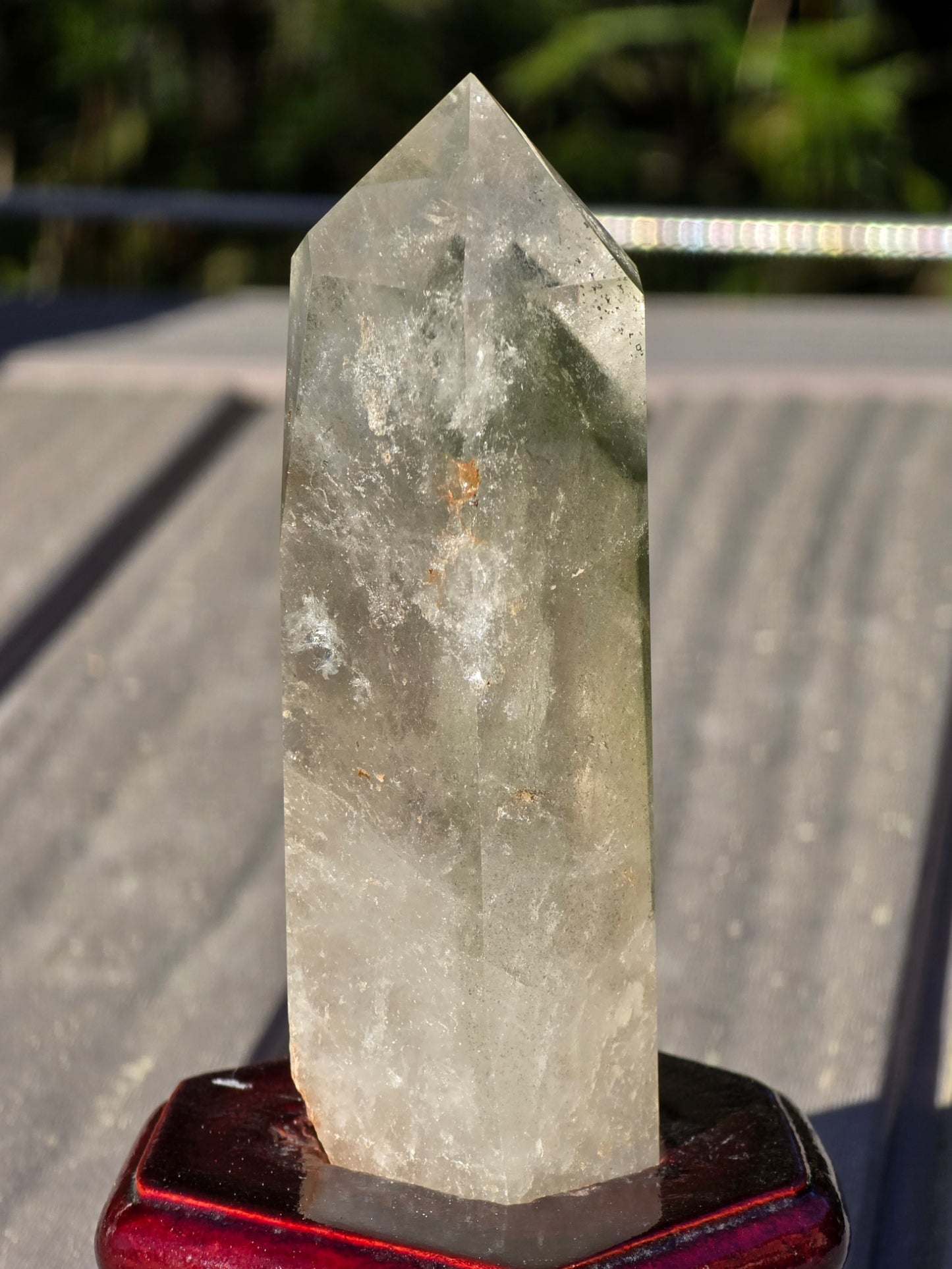 Chlorite Phantom Quartz Tower with wooden Base