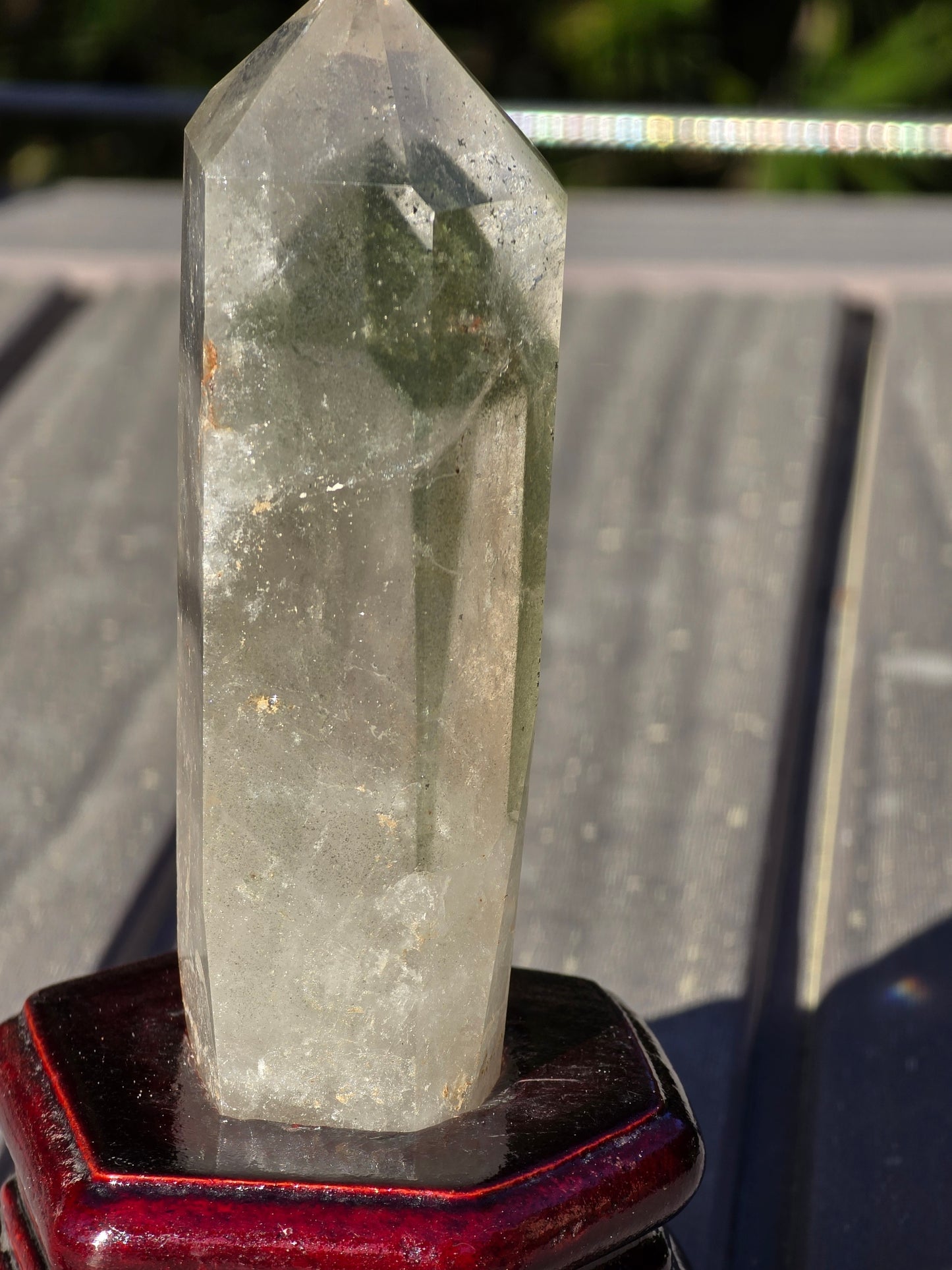 Chlorite Phantom Quartz Tower with wooden Base