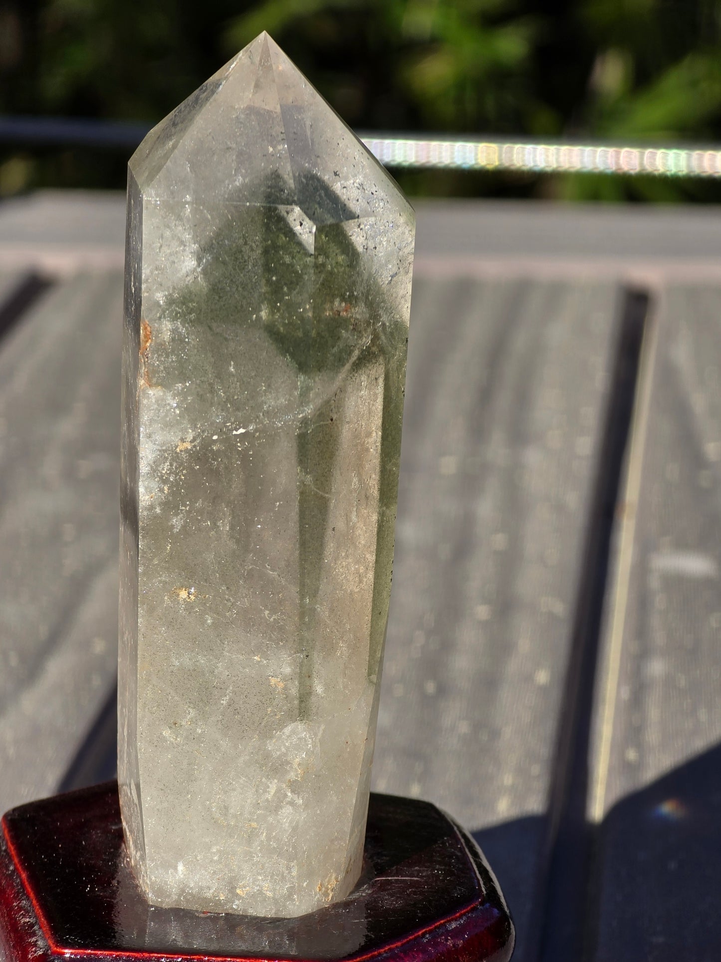 Chlorite Phantom Quartz Tower with wooden Base