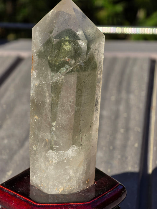 Chlorite Phantom Quartz Tower with wooden Base