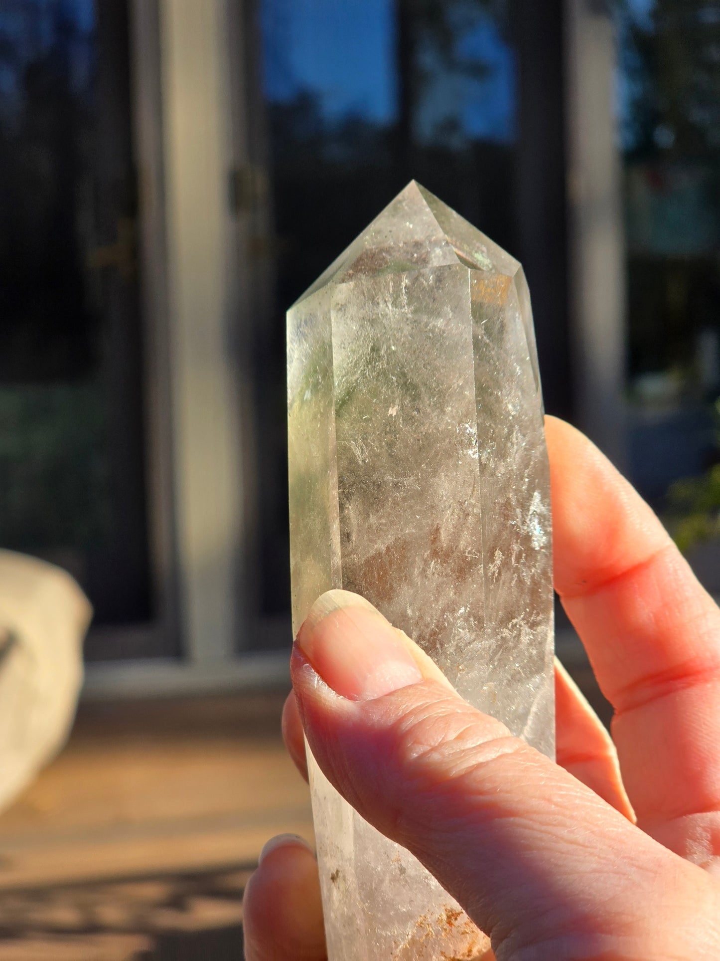 Chlorite Phantom Quartz Tower with wooden Base