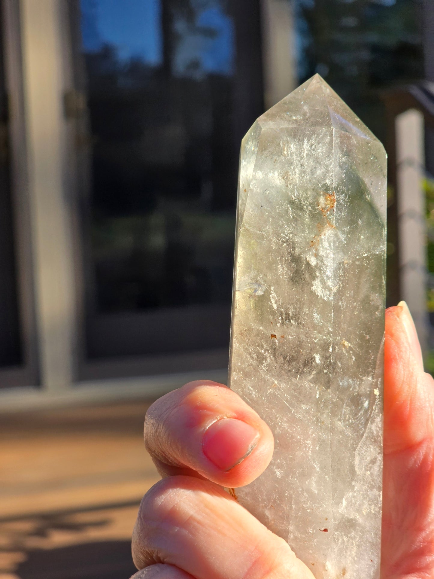 Chlorite Phantom Quartz Tower with wooden Base