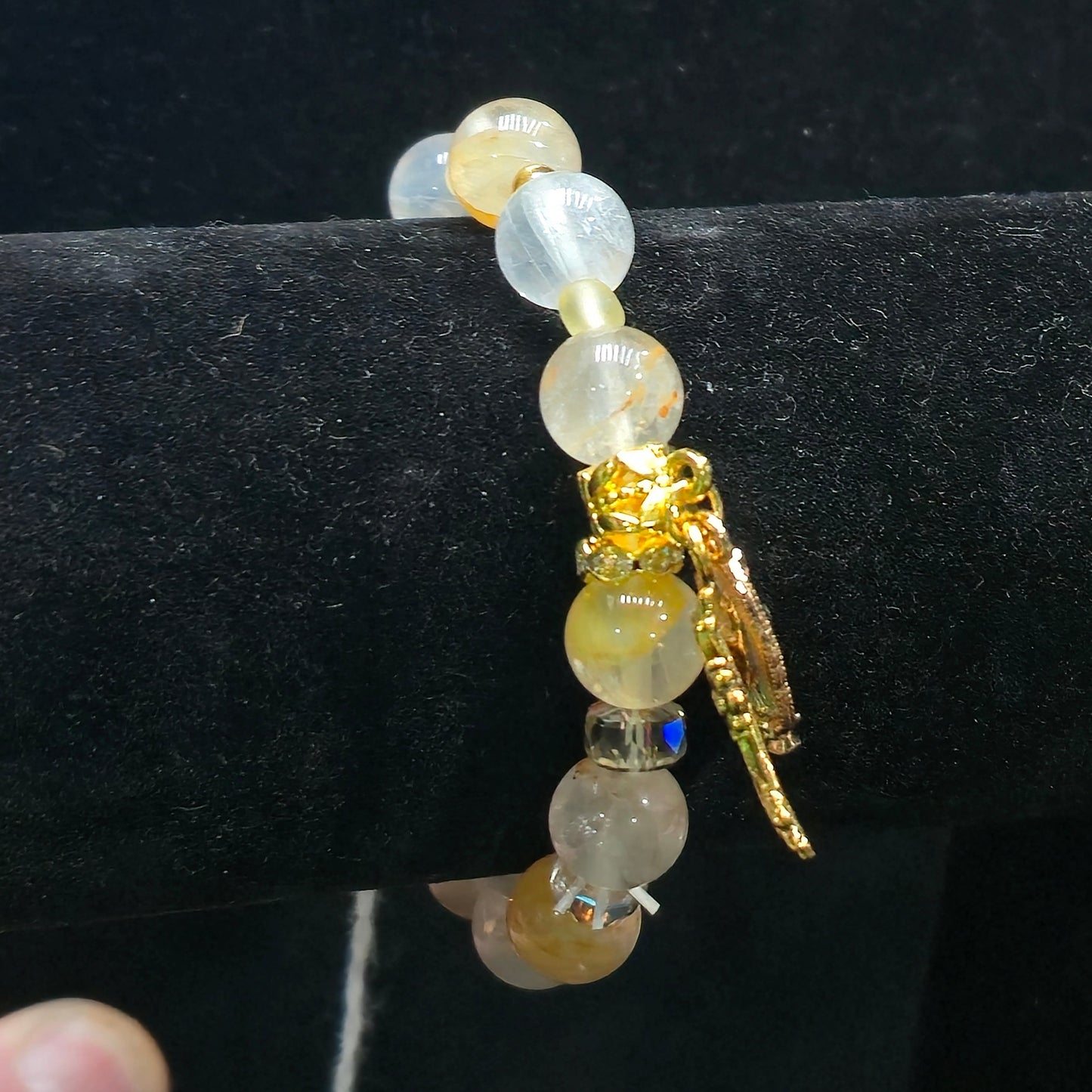 Golden Healer Quartz 10mm Bead Decade Bracelet with Gold Tone Cross & Mary Charm – Natural Stone Jewelry