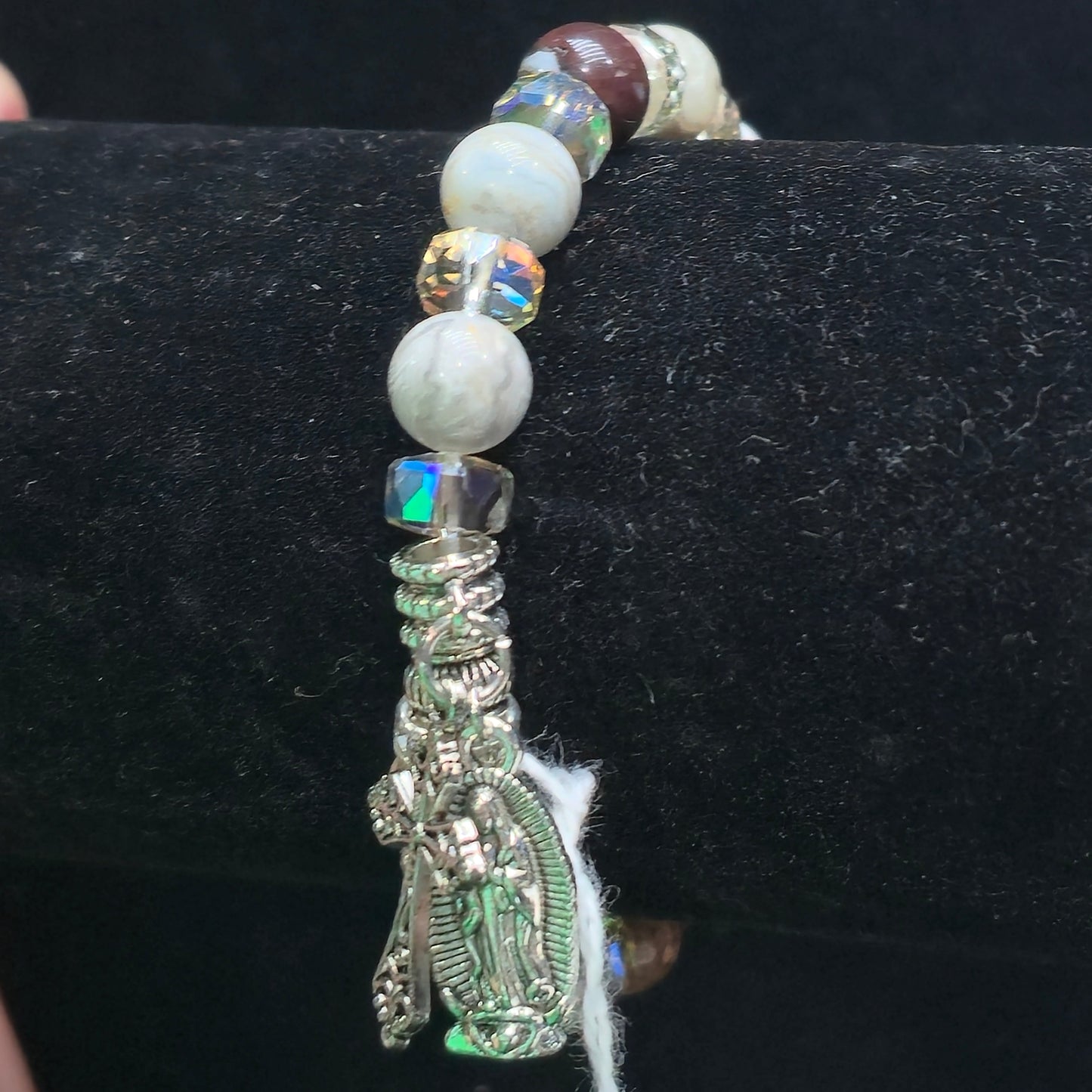 Laguna Lace Agate 8mm Bead Decade Bracelet with Silver Toned Cross & Mary Charm – Natural Stone Jewelry