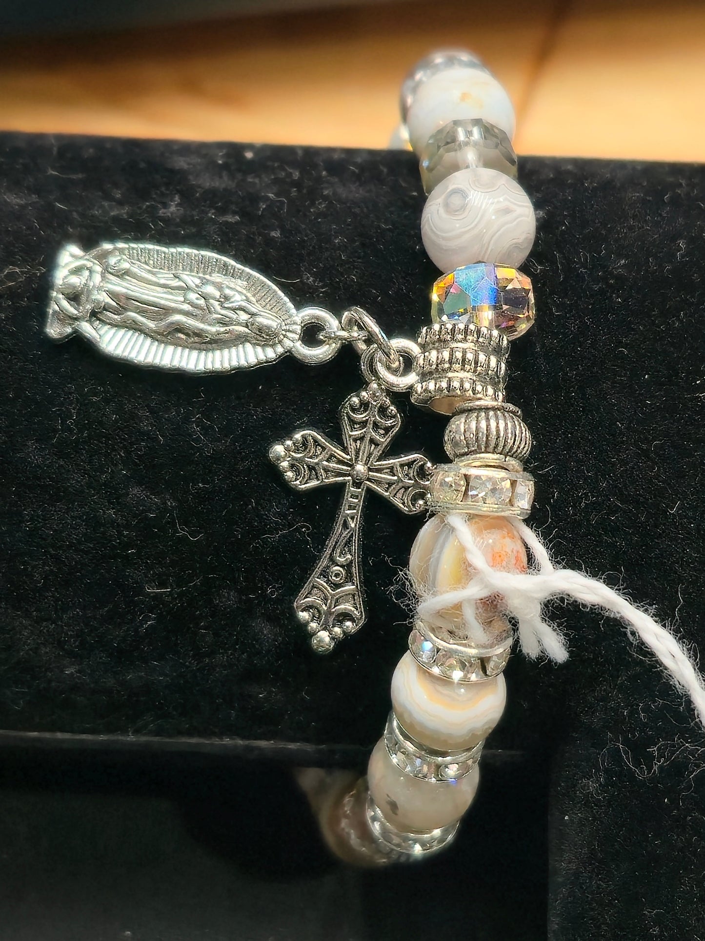 Laguna Lace Agate 8mm Bead Decade Bracelet with Silver Toned Cross & Mary Charm – Natural Stone Jewelry