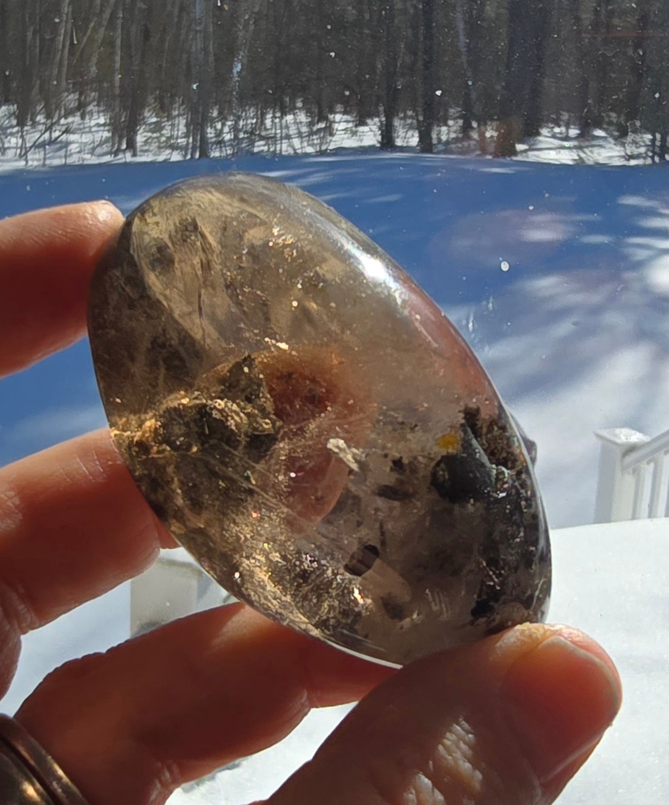 Polished quartz lens with garden inclusions and gold rutile strands in clear quartz