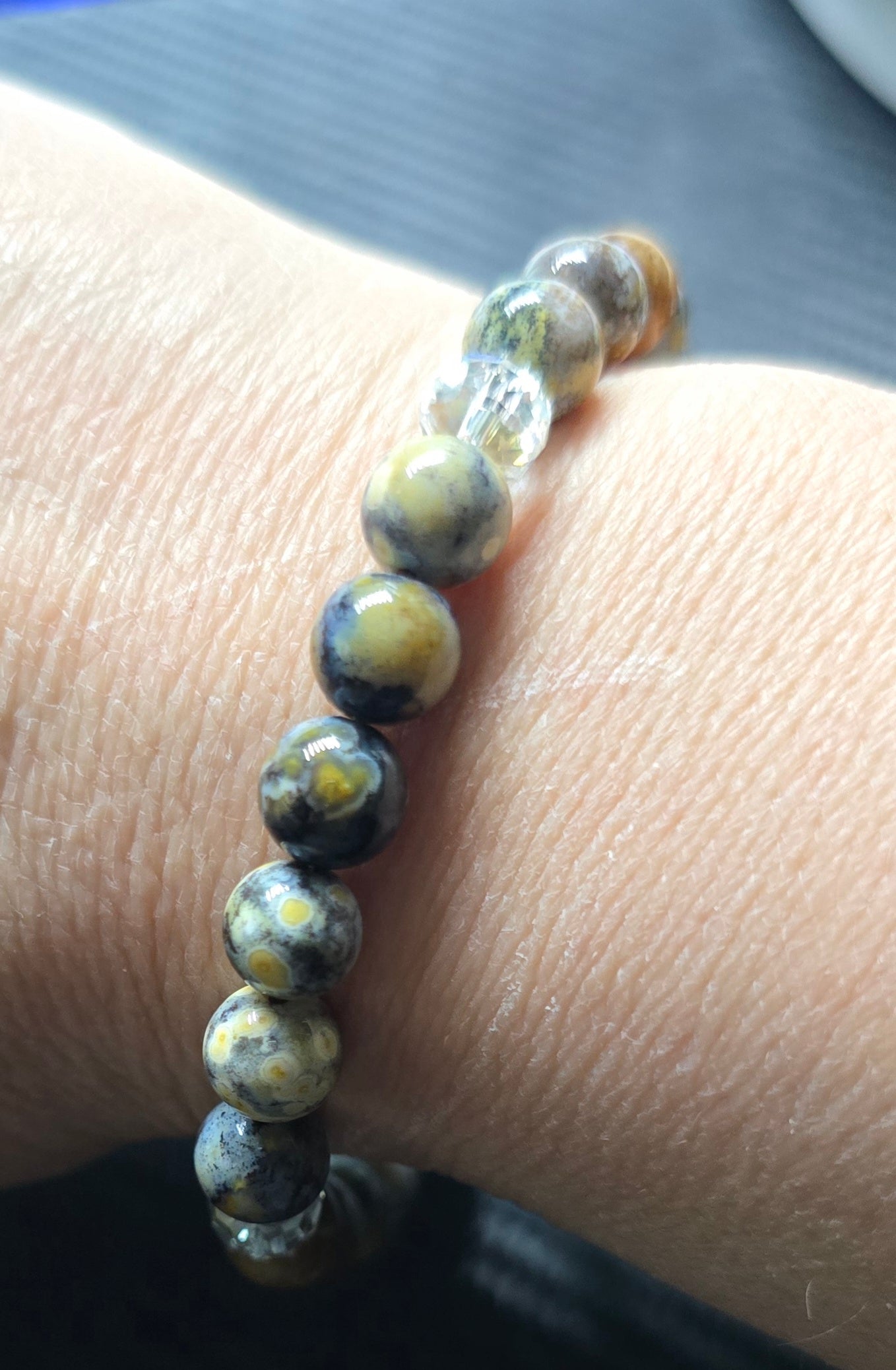 Blue Sea Jasper 8mm Beaded Bracelet with Spacers – Hand Crafted Wire Jewelry