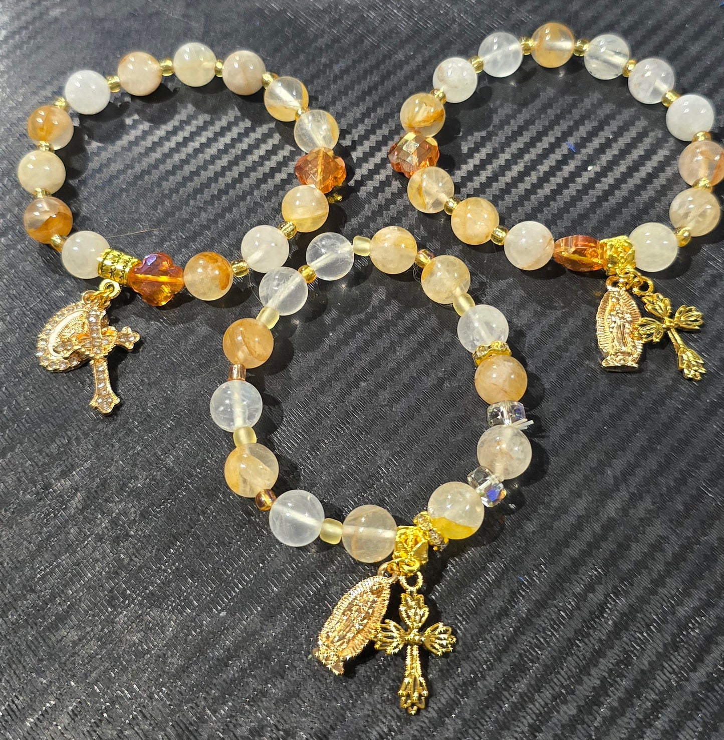 Golden Healer Quartz 10mm Bead Decade Bracelet with Gold Tone Cross & Mary Charm – Natural Stone Jewelry