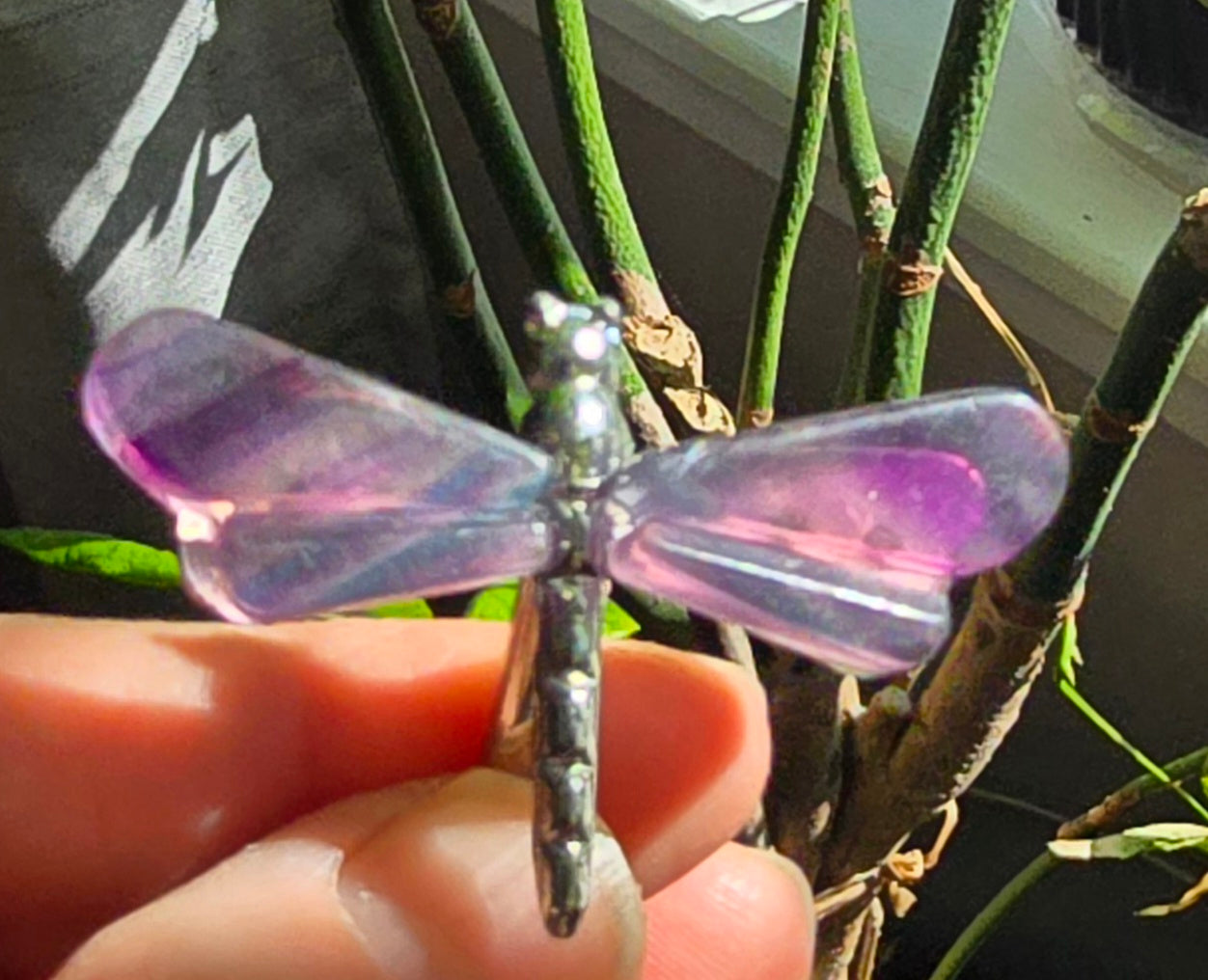 Rainbow Fluorite Dragonfly Wings on Metal Stand specimen - Genuine Nat