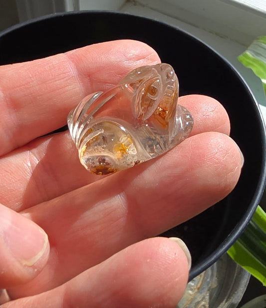 Quartz frog carving with garden quartz inclusions in clear lodolite stone polished finish