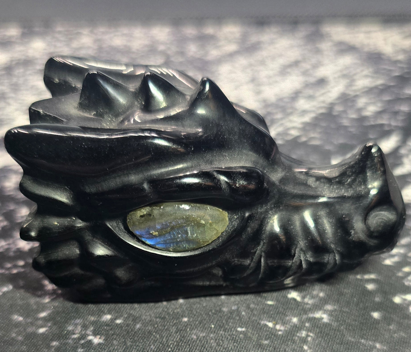 Black Obsidian Dragon Skull with Labradorite Eyes – Polished Natural Volcanic Glass