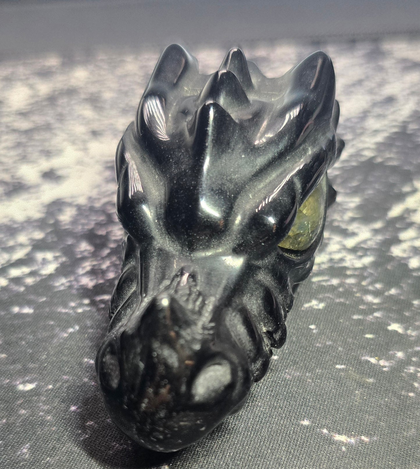 Black Obsidian Dragon Skull with Labradorite Eyes – Polished Natural Volcanic Glass