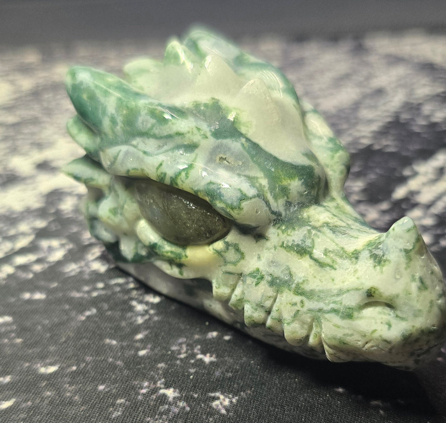 Moss Agate Dragon Skull with Labradorite Eye – Polished Natural Agate