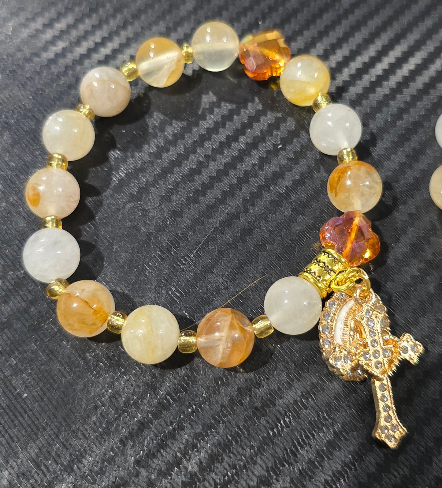 Golden Healer Quartz 10mm Bead Decade Bracelet with Gold Tone Cross & Mary Charm – Natural Stone Jewelry